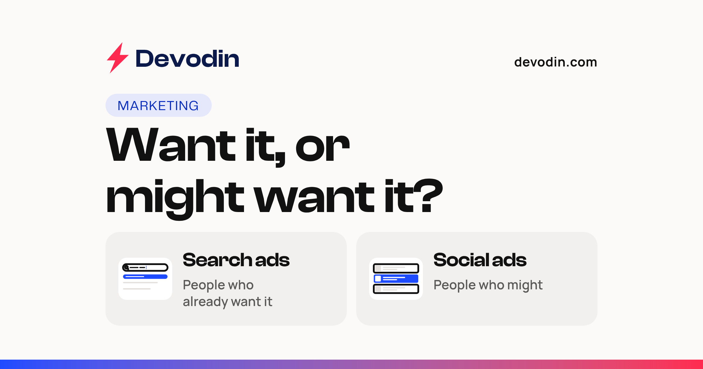 "Want it, or might want it?" over two panels: Search ads, "People who already want it", and Social ads, "People who might".