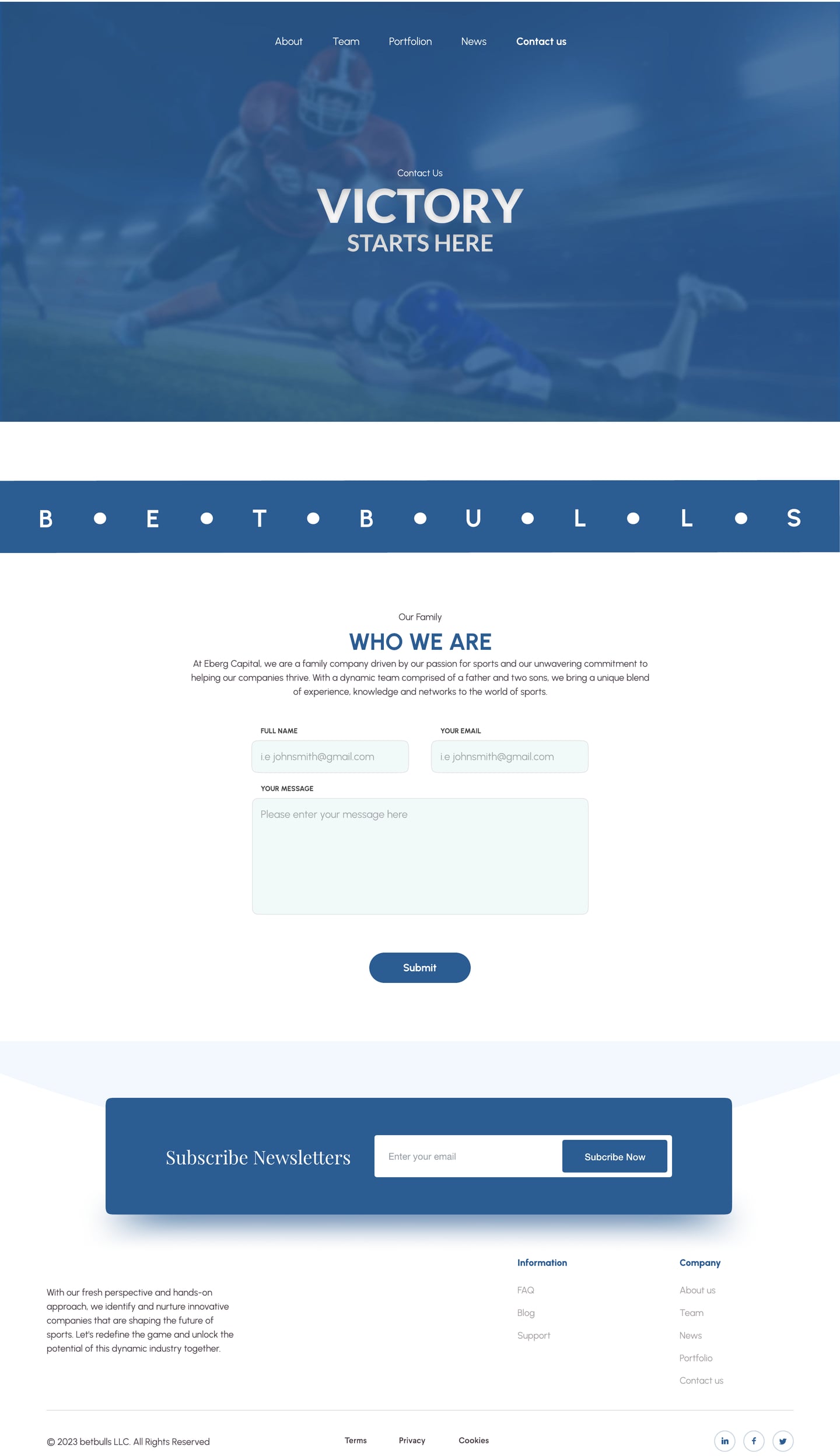 Full-length BetBulls Blue investment firm website contact page design with a centred hero, a short inquiry form and a newsletter card.