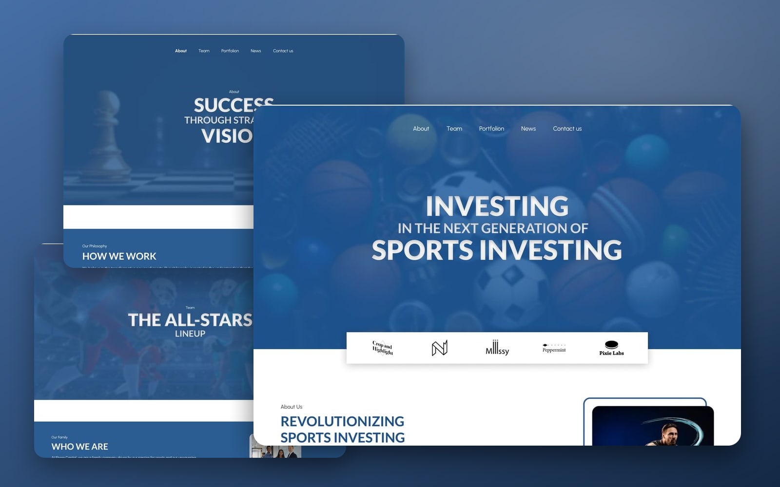 BetBulls Blue sports investment website showcase: the home page with a centred headline over faded sports balls large in front of the how we work and who we are pages on a blue gradient.