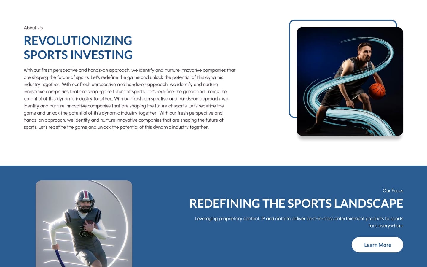 BetBulls Blue sports investment website home page with a revolutionizing sports investing intro beside an outlined basketball portrait, above a blue band with a runner photo.