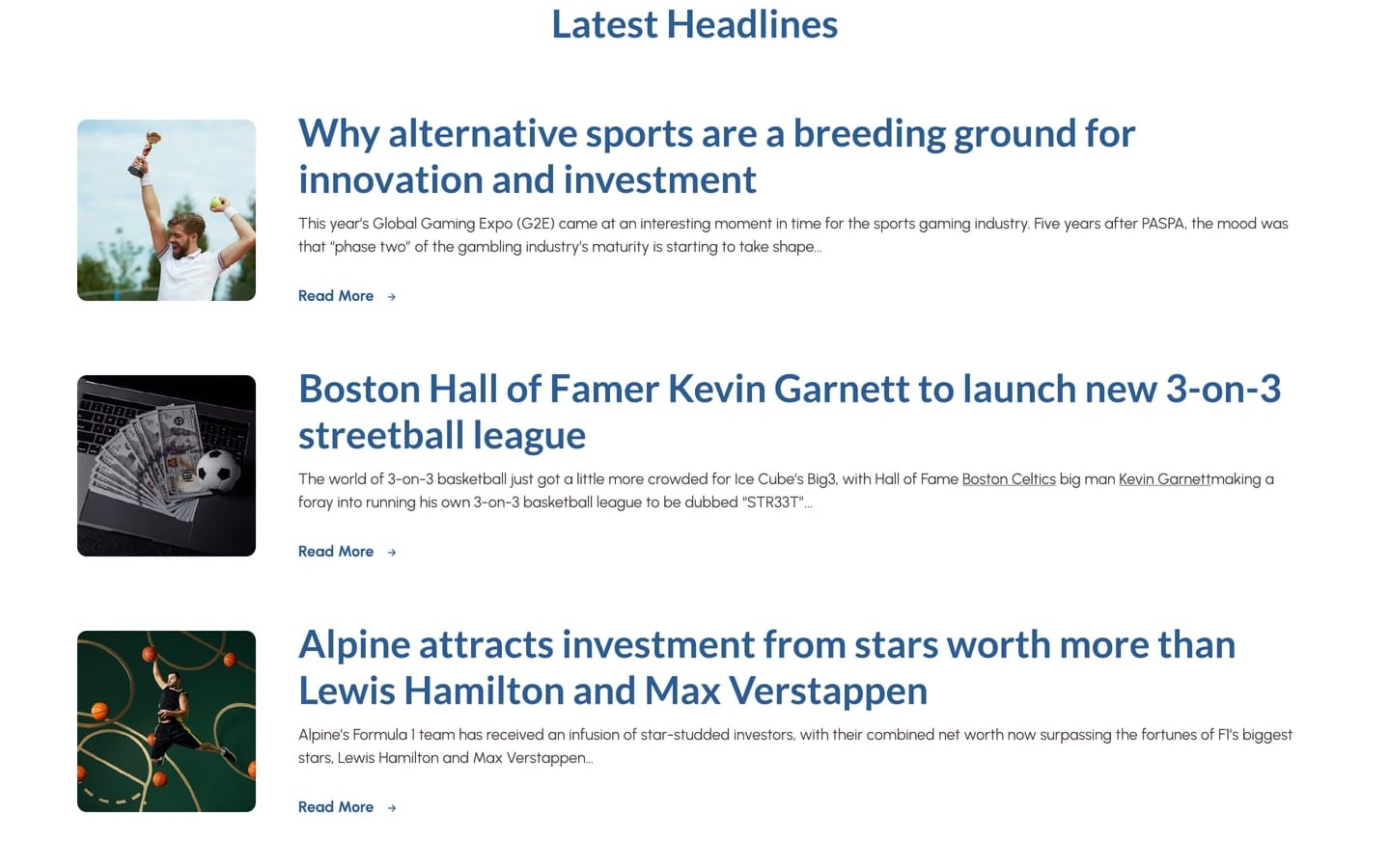 BetBulls Blue sports investment website home page latest headlines list with square thumbnails, titles and read more links on white.