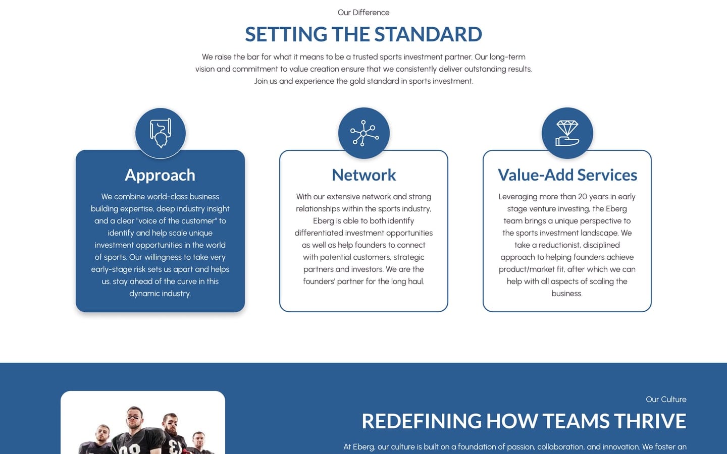 BetBulls Blue sports investment website how we work page with three outlined pillar cards with round icons above a blue culture band beside a team photo.