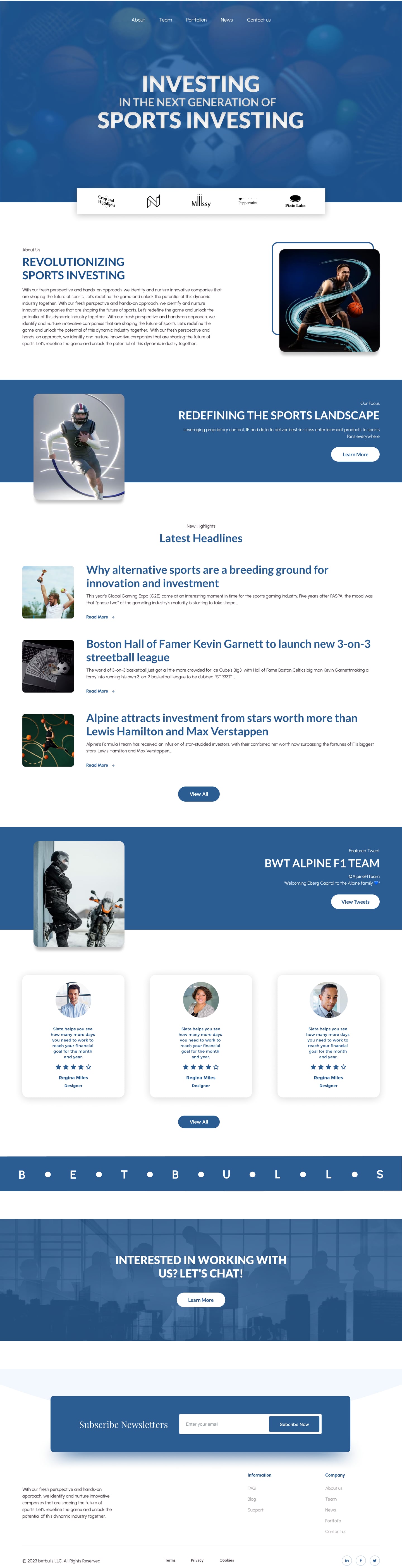 Full-length BetBulls Blue investment firm website home page design with a centred hero over faded sports balls, a floating logo strip, an outlined athlete portrait, blue focus band and headline rows with thumbnails.