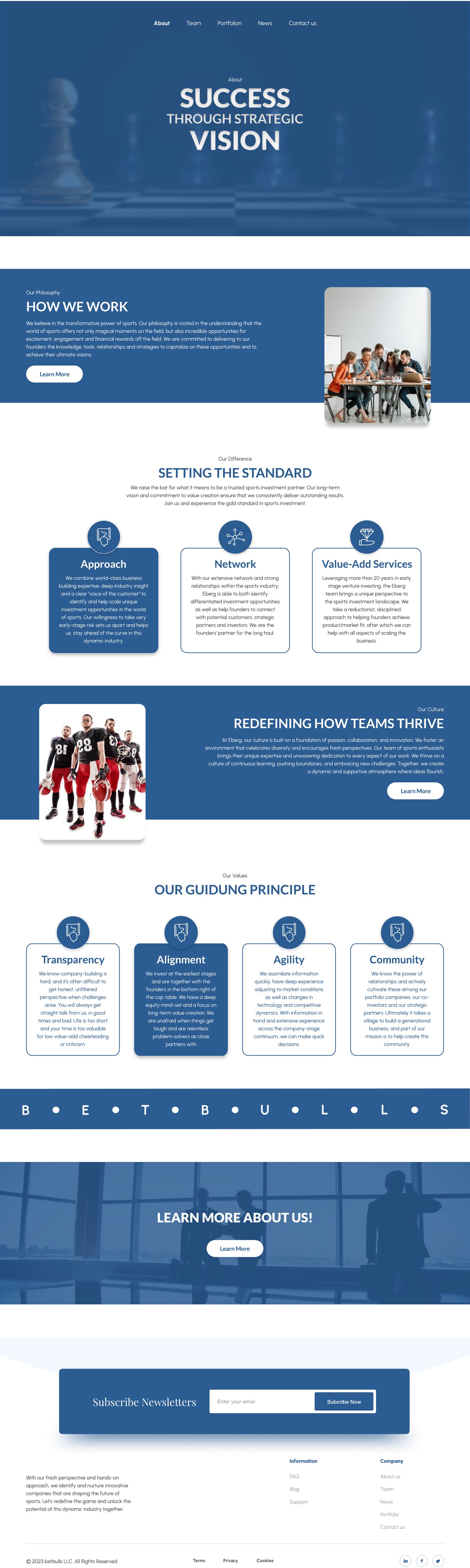 Full-length BetBulls Blue investment firm website how we work page design with a chess piece hero, a philosophy band beside a team photo, three pillar cards, a culture band and four guiding principle cards.
