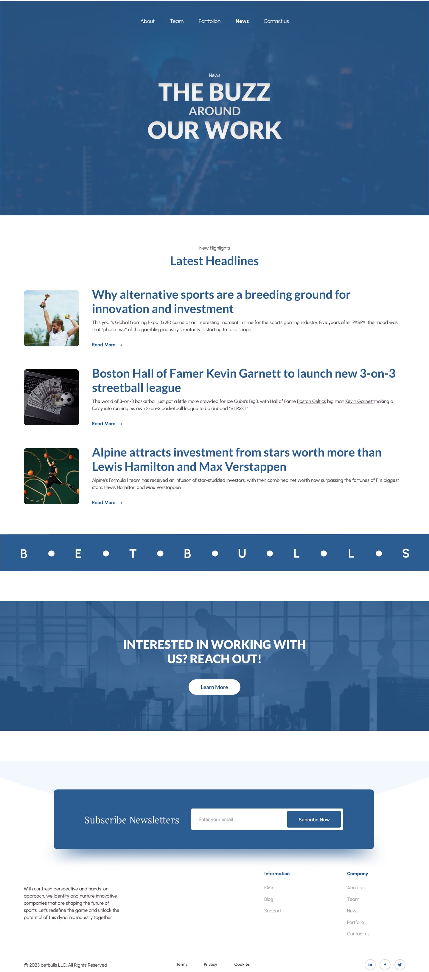 Full-length BetBulls Blue investment firm website news page design with a centred hero and article rows with square thumbnails.