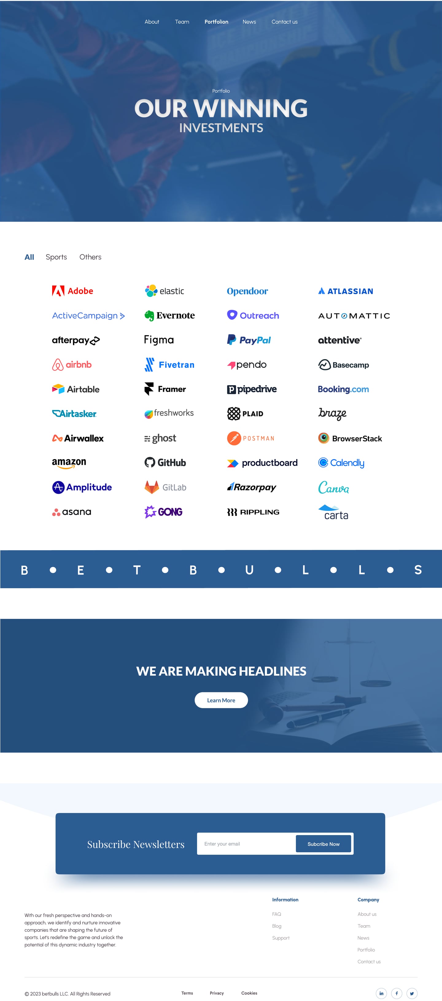 Full-length BetBulls Blue investment firm website portfolio page design with a centred hero, filter tabs and a grid of partner logos.
