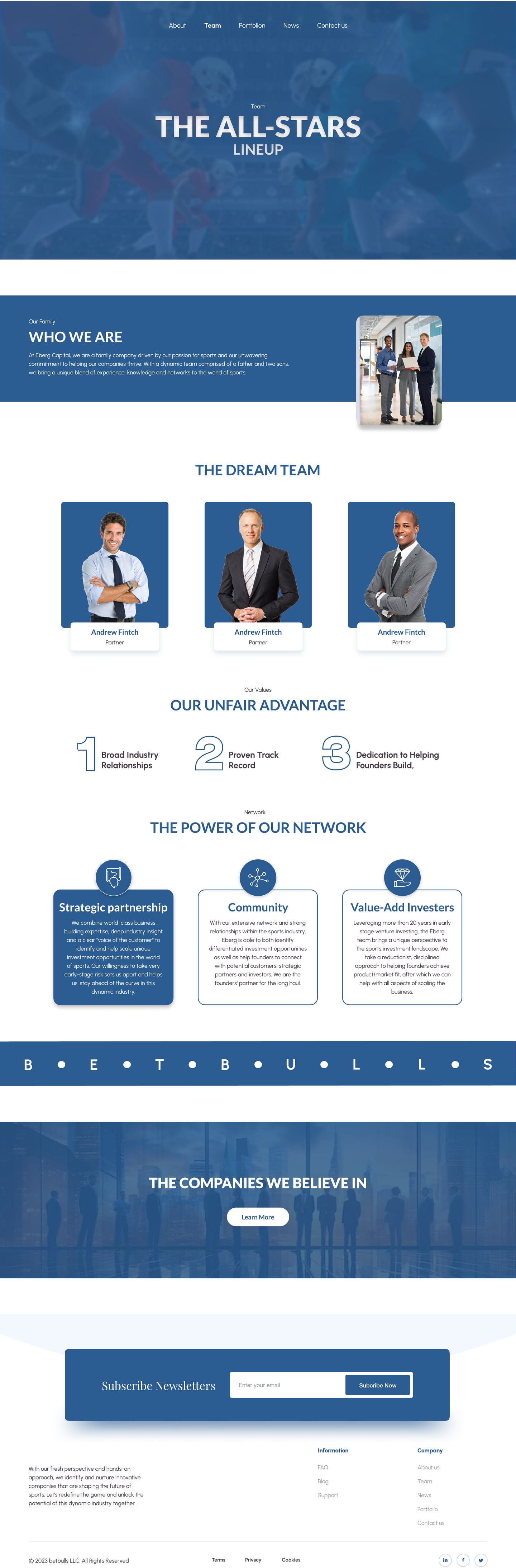 Full-length BetBulls Blue investment firm website who we are page design with a centred hero, a who we are band, a row of three portrait cards, four advantage points and three network cards.