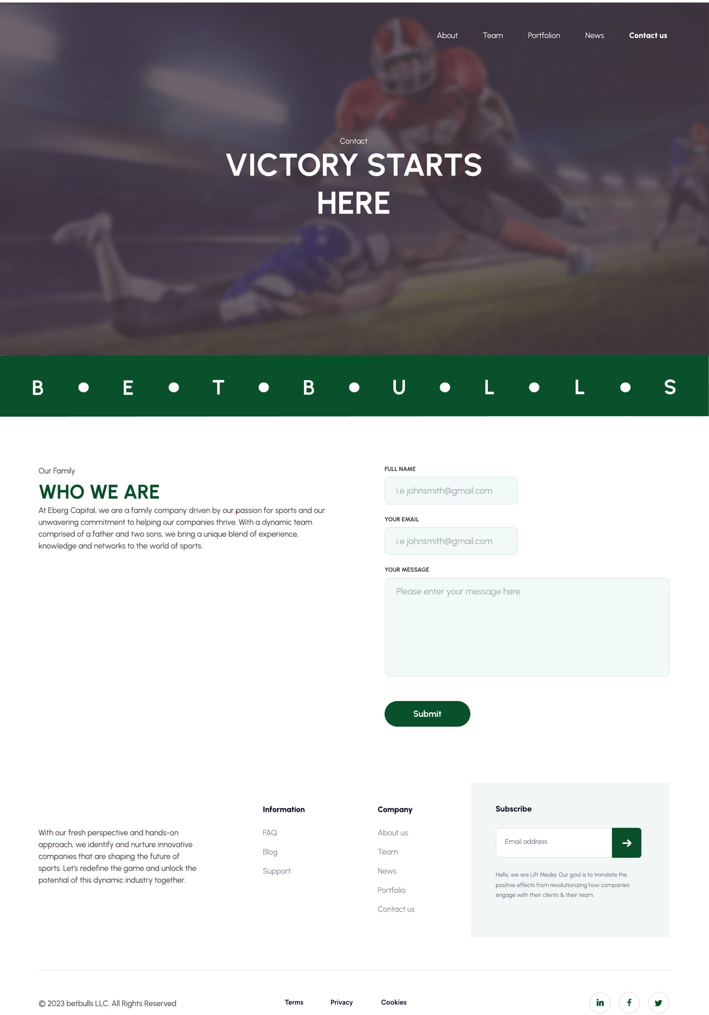Full-length BetBulls Green investment firm website contact page design with a stadium hero and a short inquiry form.