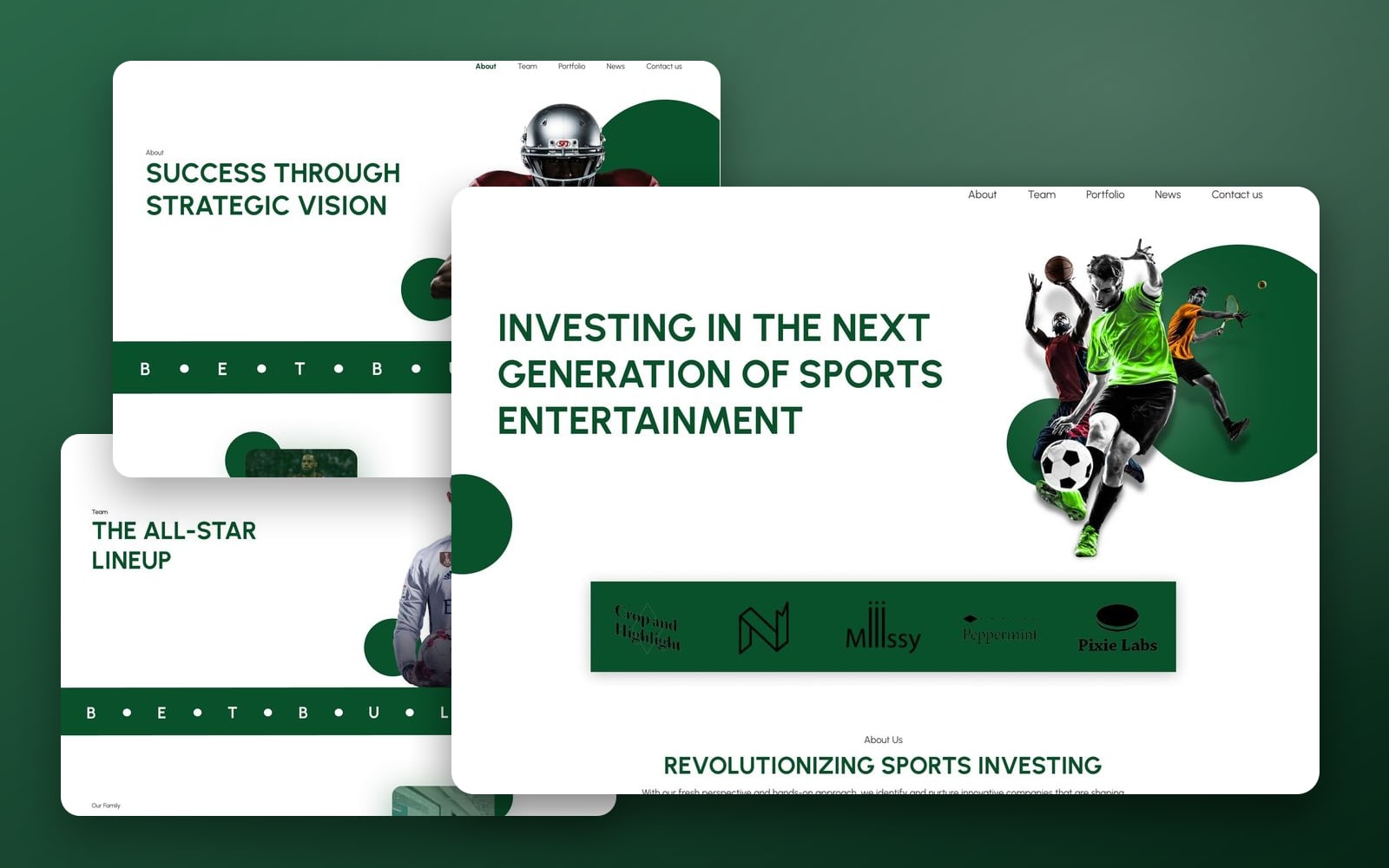 BetBulls Green sports entertainment investing website showcase: the home page with cut-out athletes on green circles large in front of the how we work and who we are pages on a green gradient.