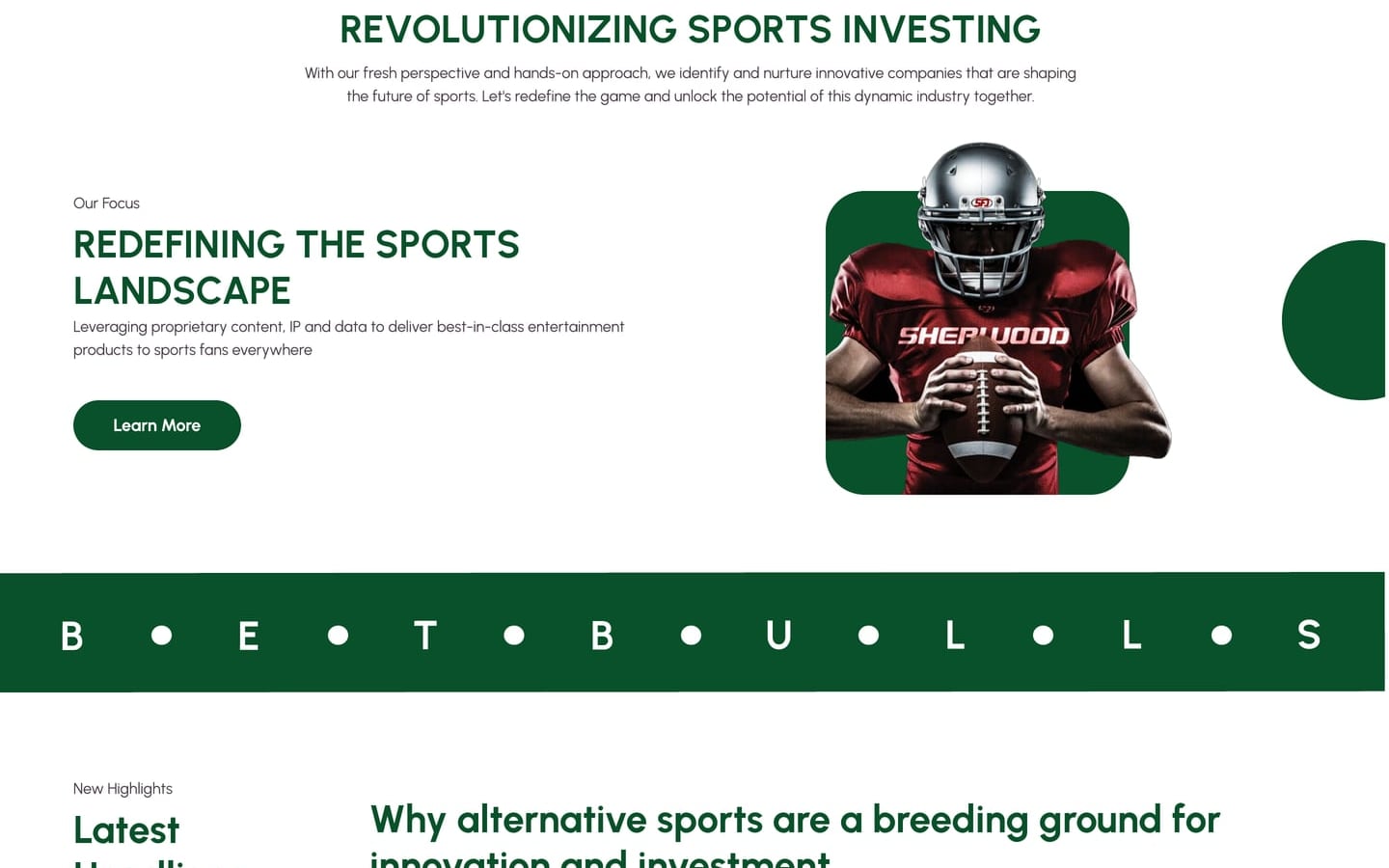 BetBulls Green sports entertainment investing website home page with a revolutionizing sports investing intro above a football player in a rounded green frame.