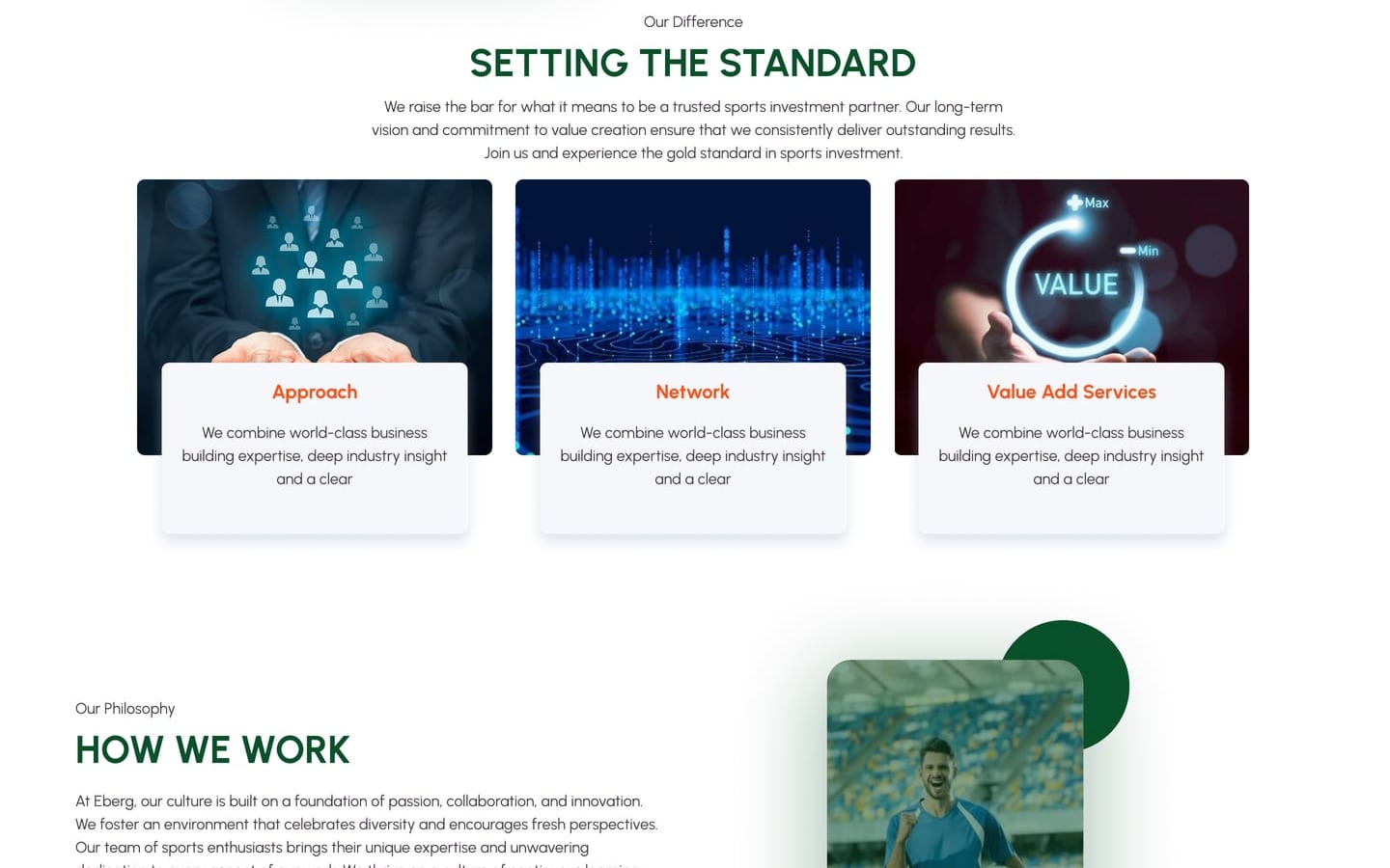 BetBulls Green sports entertainment investing website how we work page with three photo topped pillar cards above a how we work section with a rounded soccer player image.