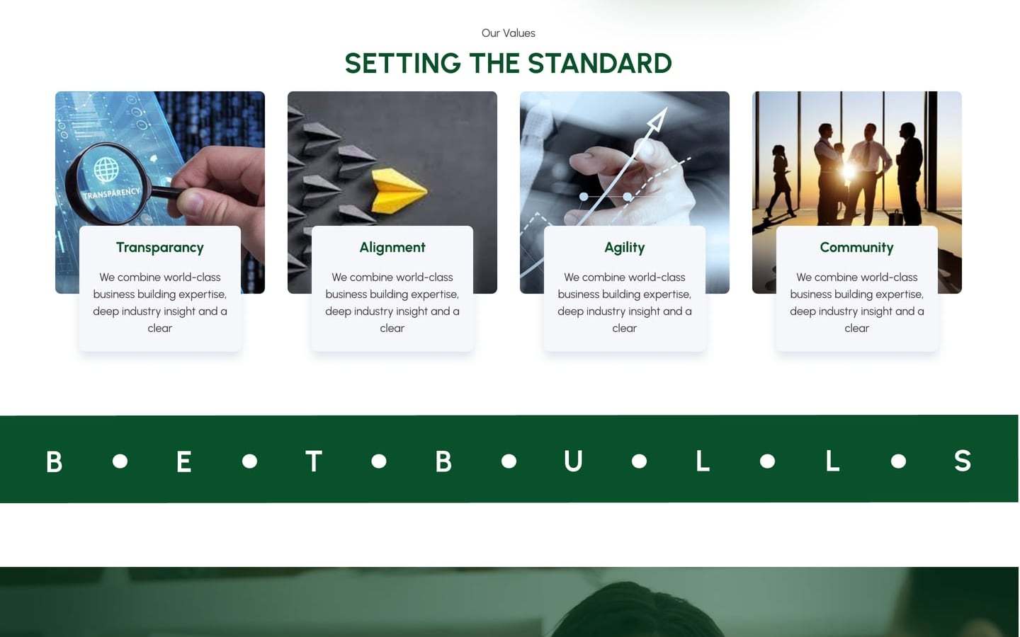 BetBulls Green sports entertainment investing website how we work page with four photo topped value cards above a green lettered marquee band.