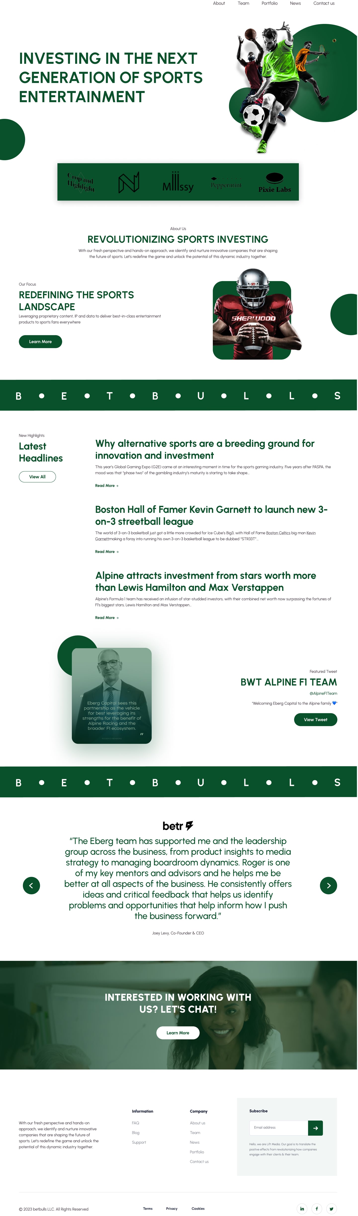 Full-length BetBulls Green investment firm website home page design with cut-out athletes on green circles, a partner logo strip, a focus section with a football player, headlines, a featured post and a testimonial.