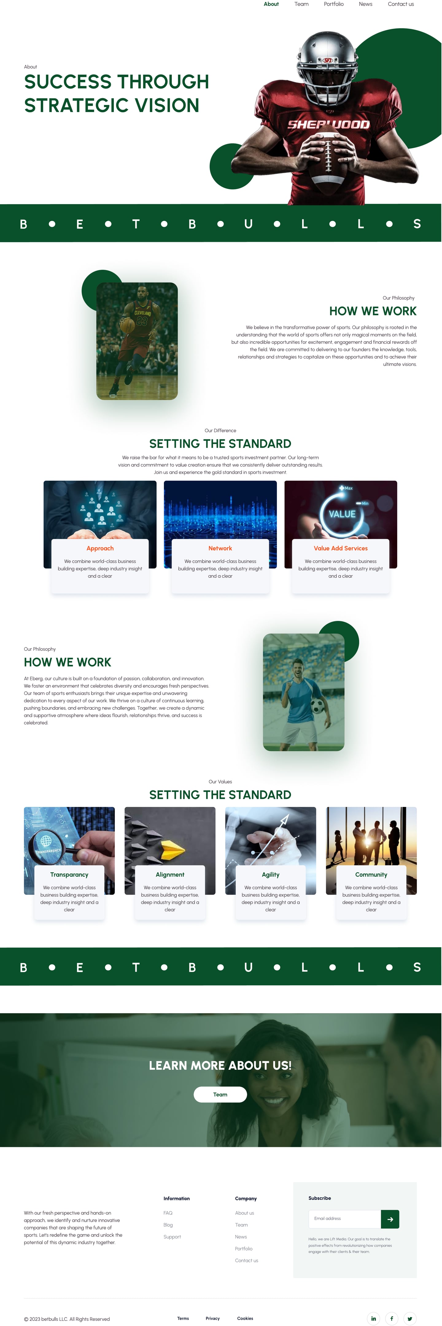 Full-length BetBulls Green investment firm website how we work page design with a football hero on a green circle, a philosophy section, image topped pillar cards and four value cards.