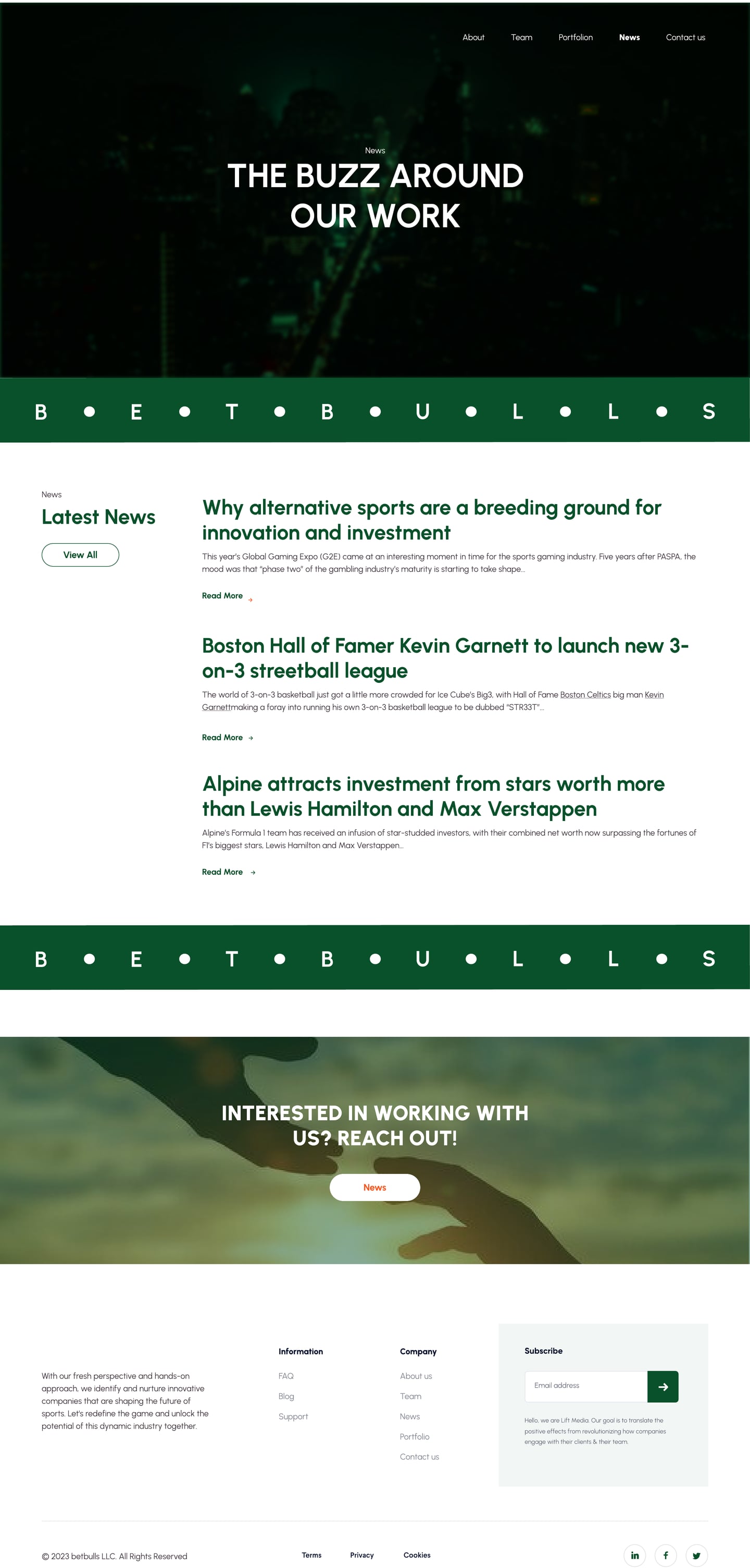 Full-length BetBulls Green investment firm website news page design with a dark green hero and a list of article rows.
