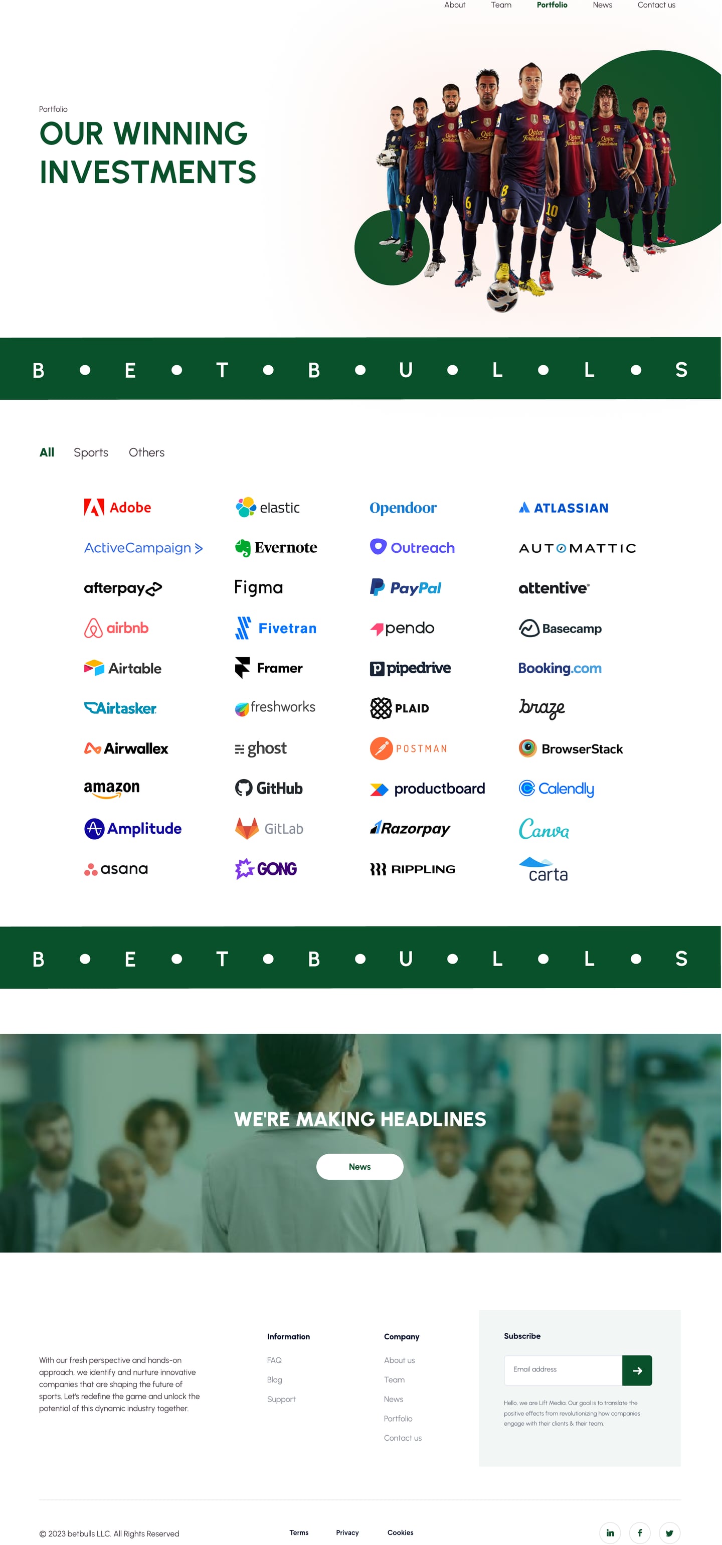 Full-length BetBulls Green investment firm website portfolio page design with a team photo hero, filter tabs and a grid of partner logos.