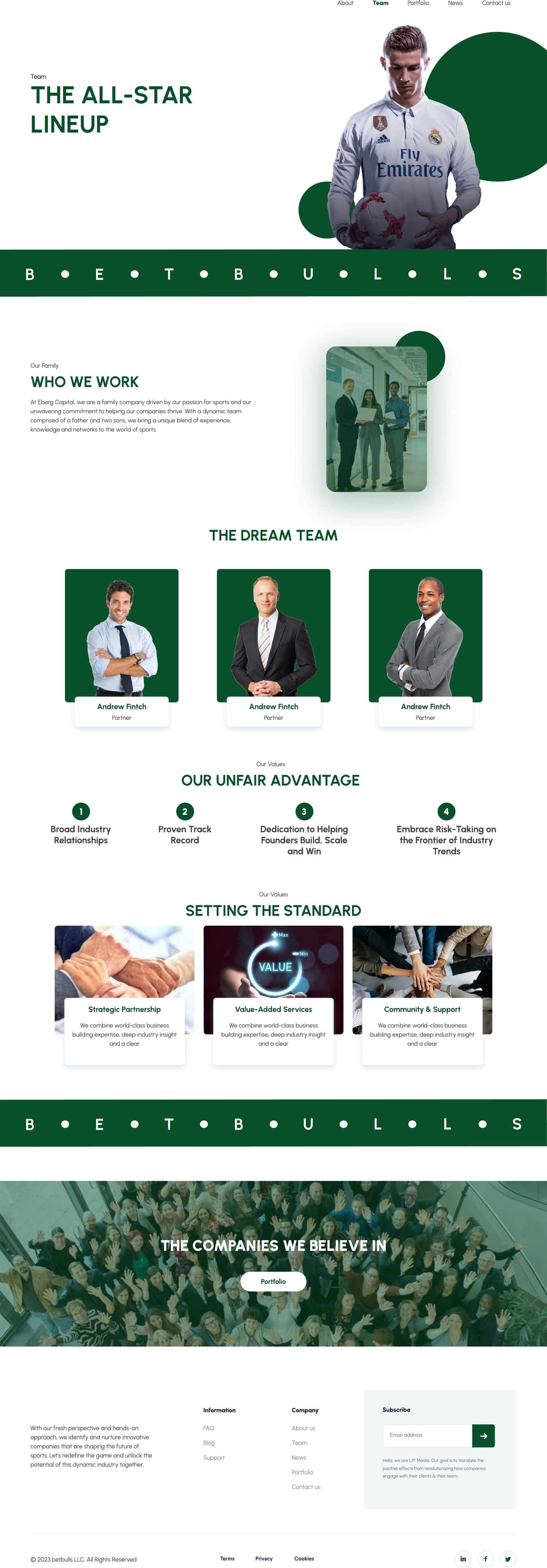 Full-length BetBulls Green investment firm website who we are page design with a cut-out soccer player hero, a who we are section, a row of three portrait cards and image topped advantage cards.