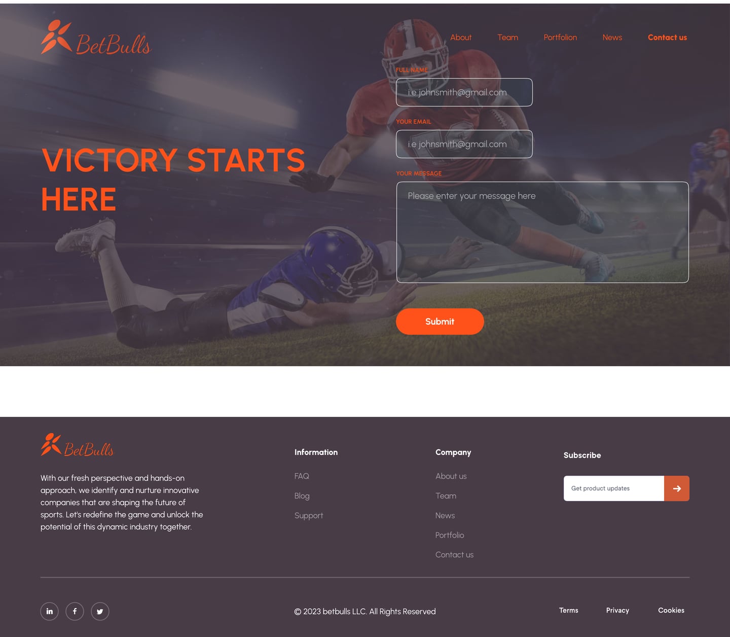 Full-length BetBulls Orange investment firm website contact page design with a stadium hero and a short inquiry form.