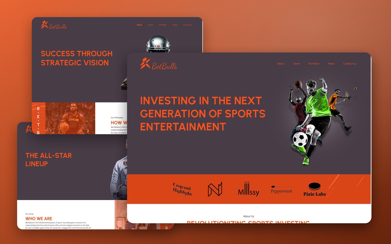 BetBulls Orange investment firm website showcase: the home page with a cut-out athlete hero large in front of the how we work and who we are pages on an orange gradient.