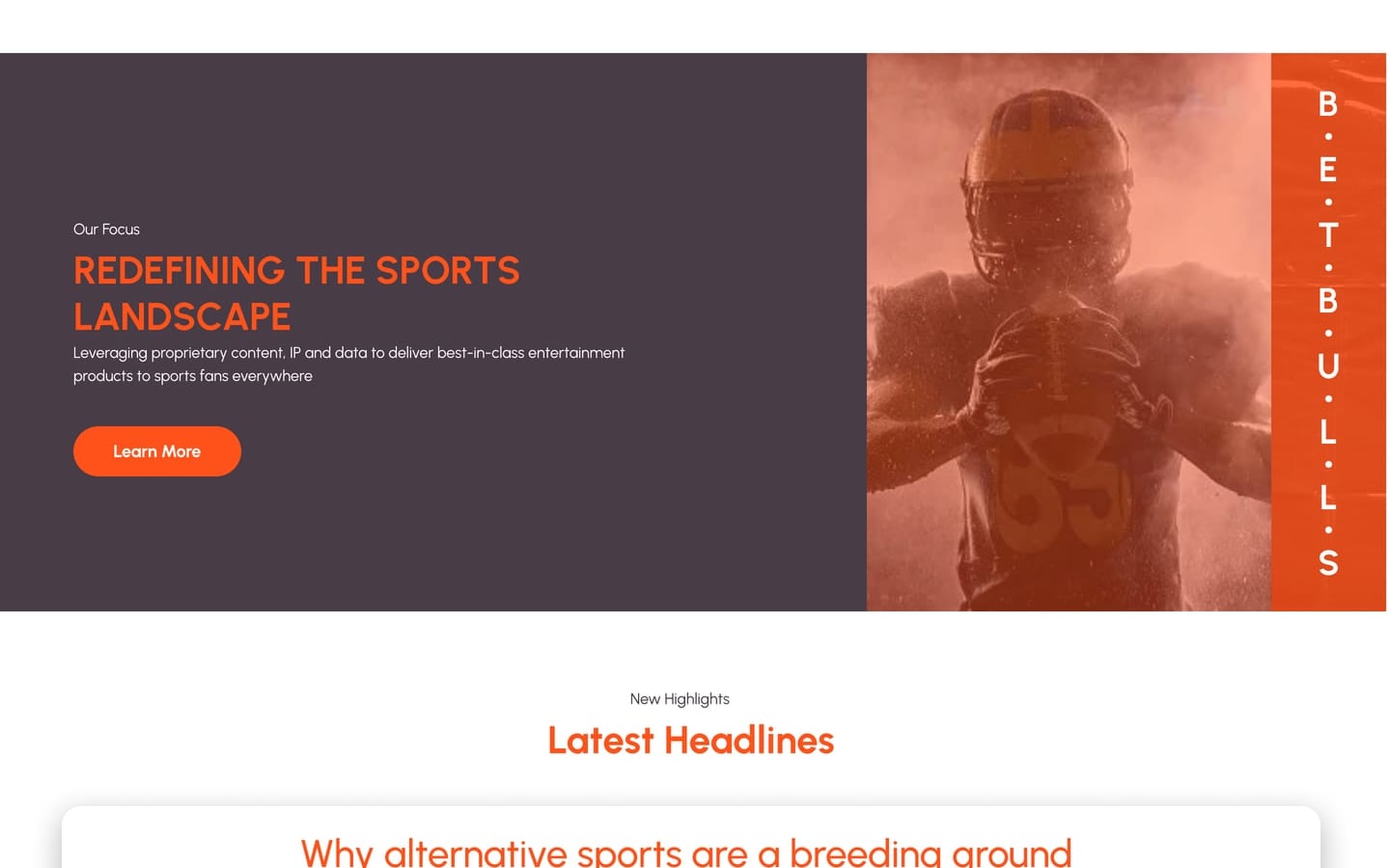 BetBulls Orange investment firm website home page with an orange duotone football player panel beside a vertical wordmark, above a latest headlines list.