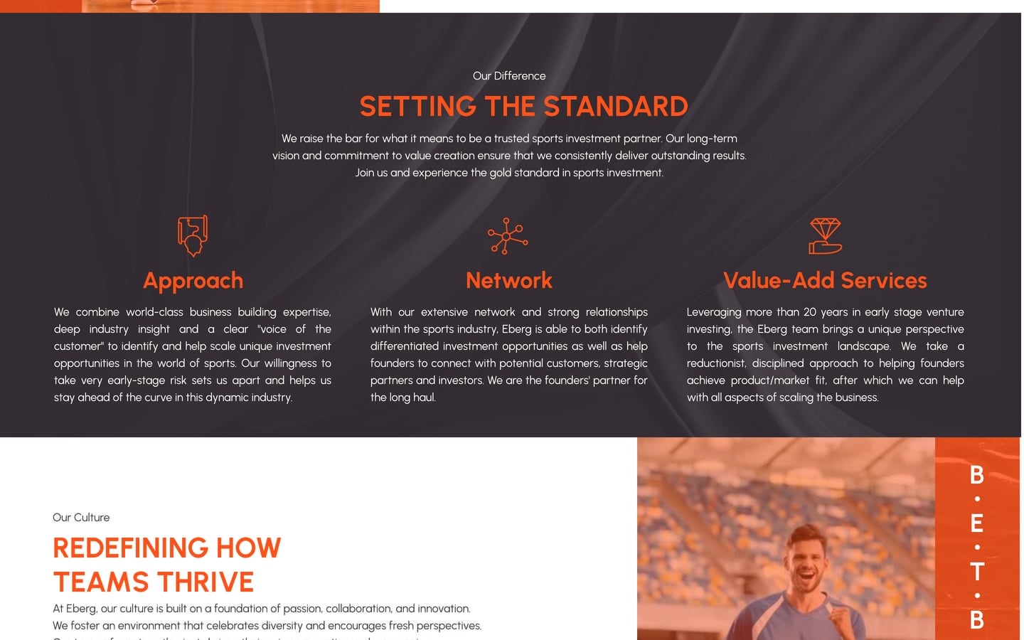 BetBulls Orange investment firm website how we work page with a charcoal setting the standard band of three line icon pillars above an orange duotone culture panel.