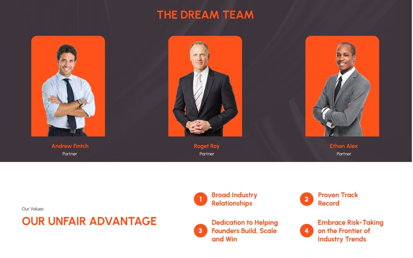 BetBulls Orange investment firm website who we are page with three portrait cards on orange tiles above a four step advantage list in orange numbers.