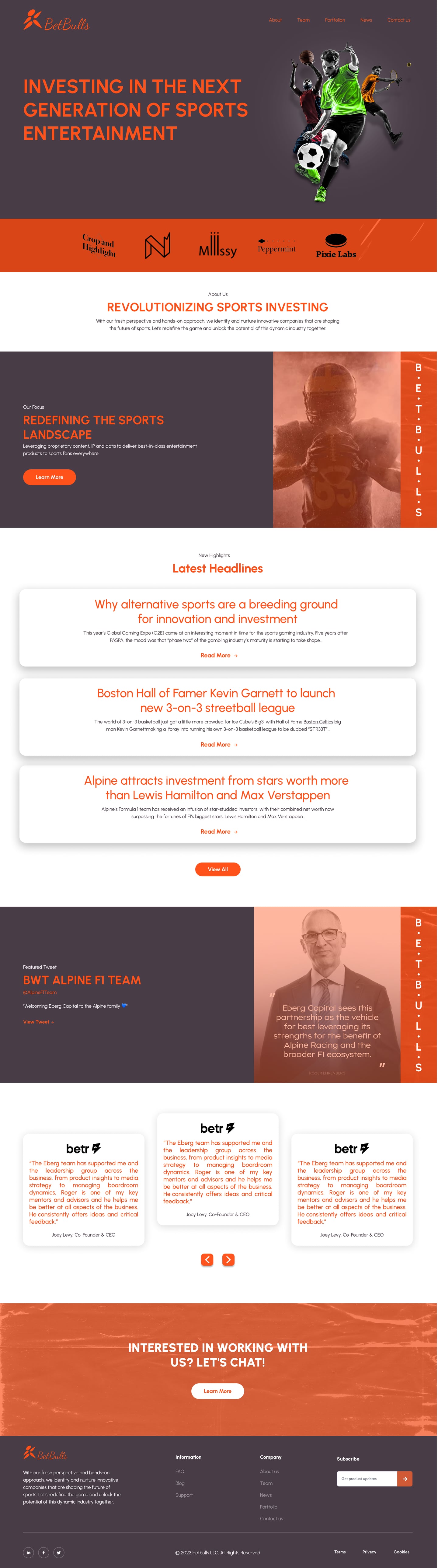 Full-length BetBulls Orange investment firm website home page design with a charcoal hero, cut-out athletes, a partner logo strip, an orange duotone focus panel, headline cards and a testimonial carousel.