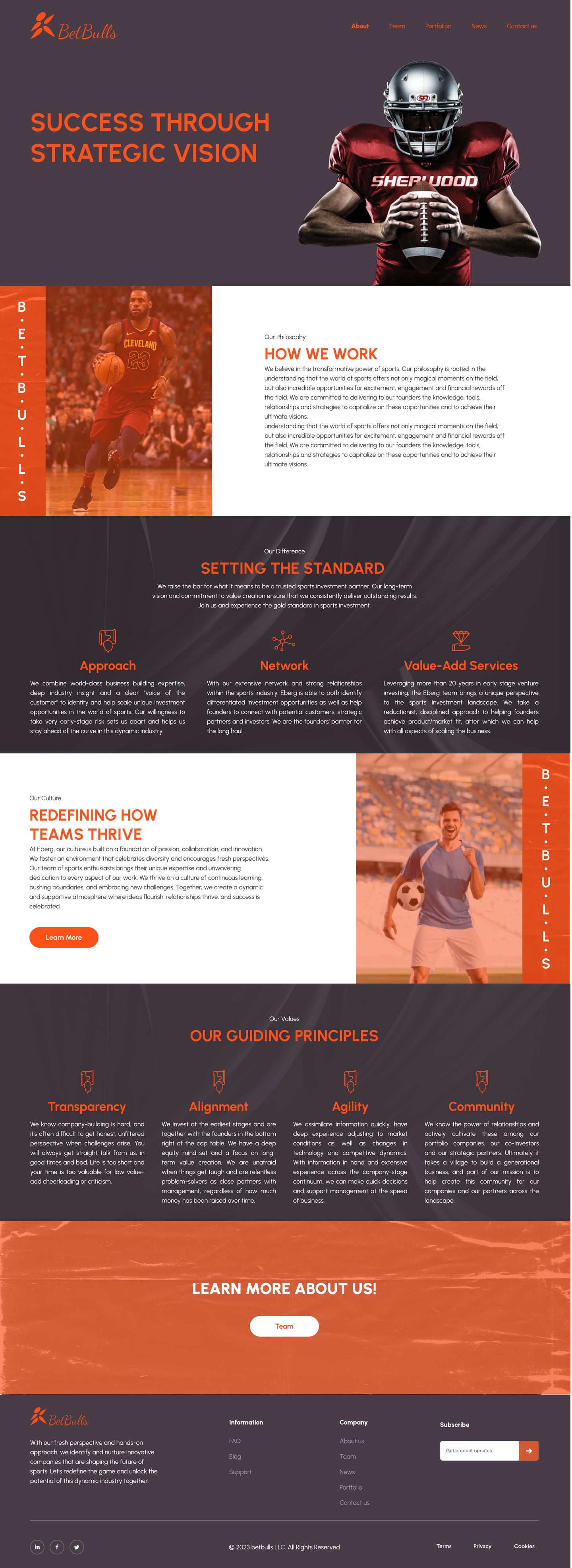 Full-length BetBulls Orange investment firm website how we work page design with an American football hero, a philosophy panel, three pillars, a culture panel and four guiding principles.