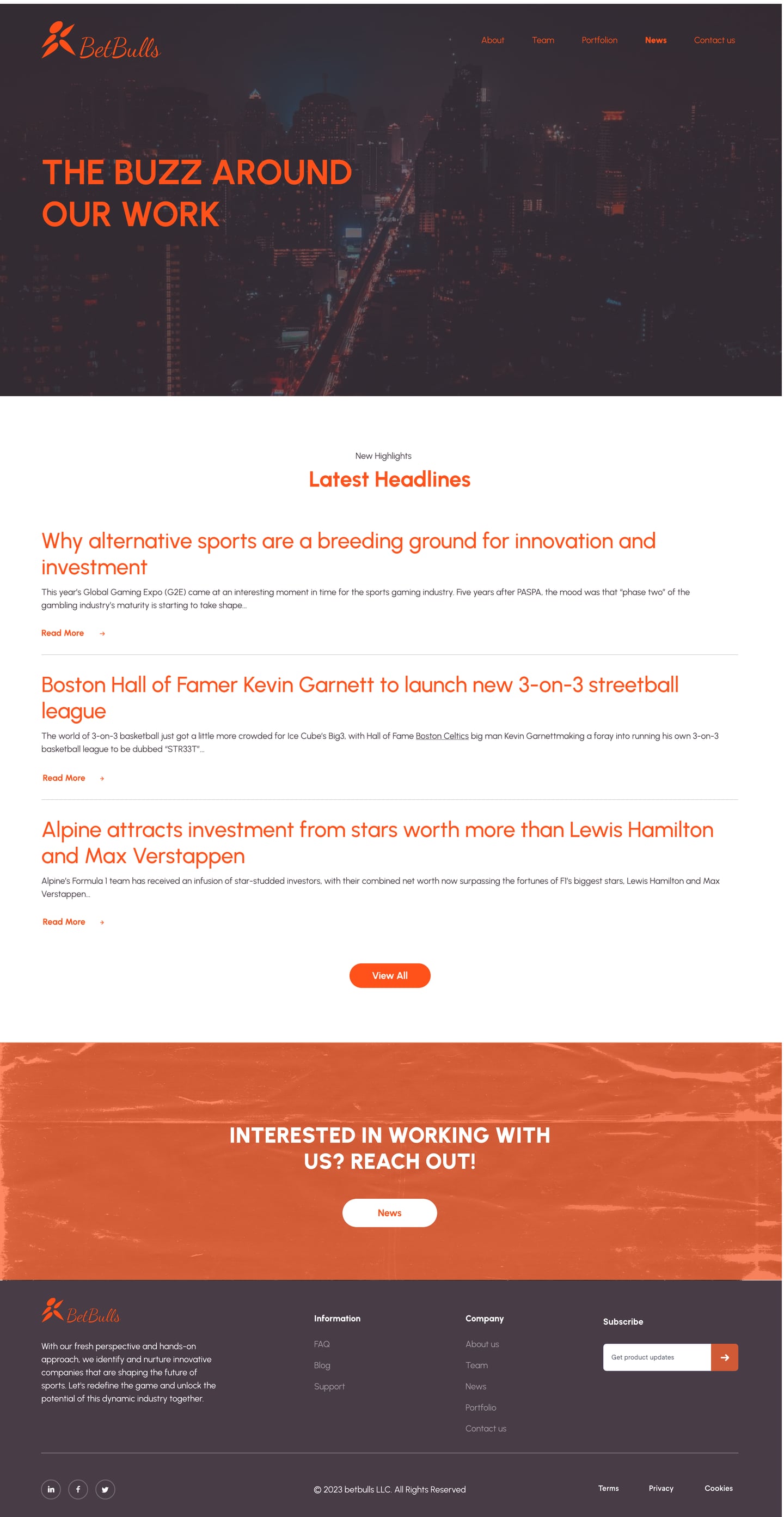 Full-length BetBulls Orange investment firm website news page design with a charcoal hero and a list of headline articles.