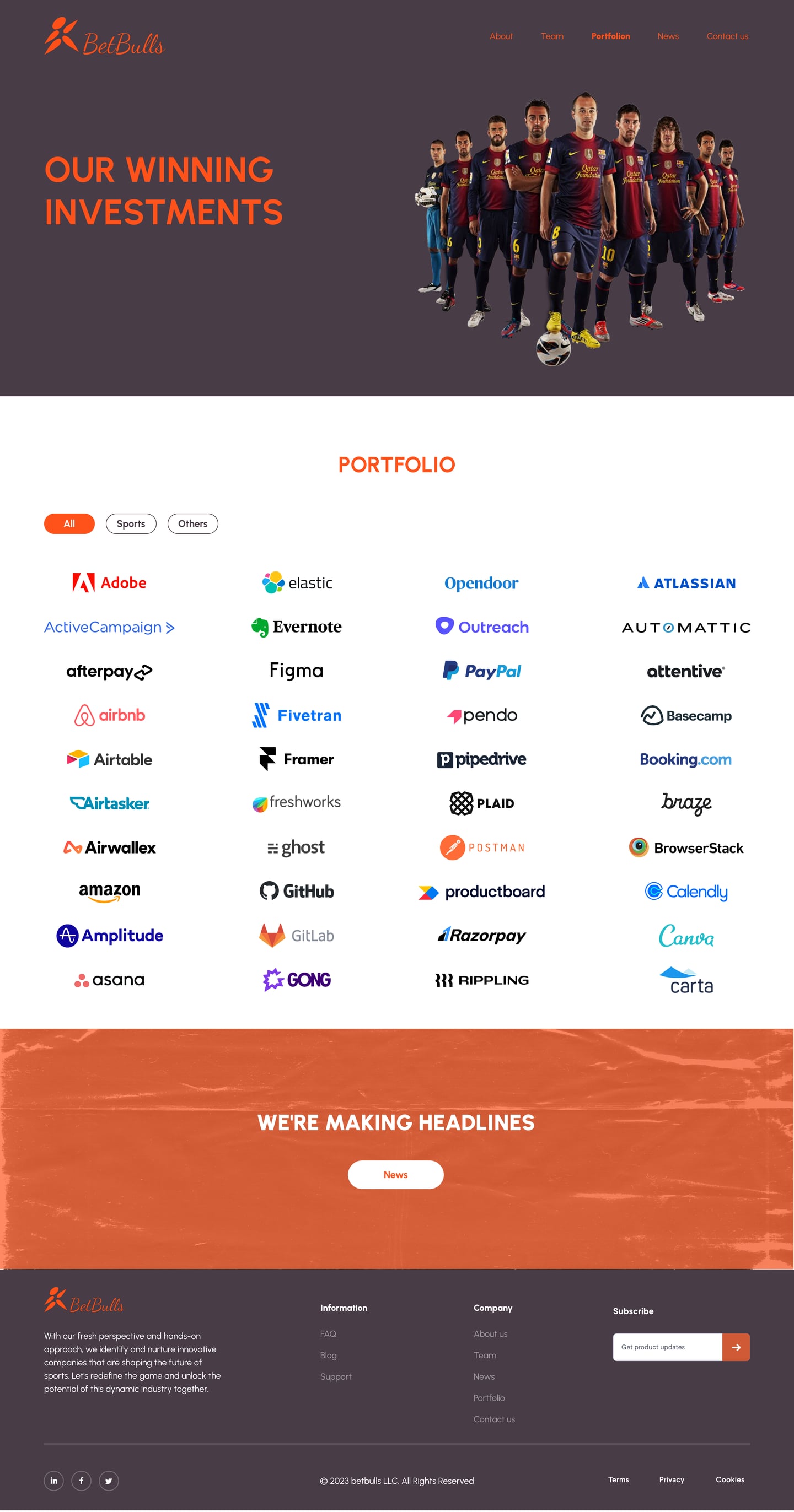 Full-length BetBulls Orange investment firm website portfolio page design with a team photo hero, filter pills and a grid of partner logos.
