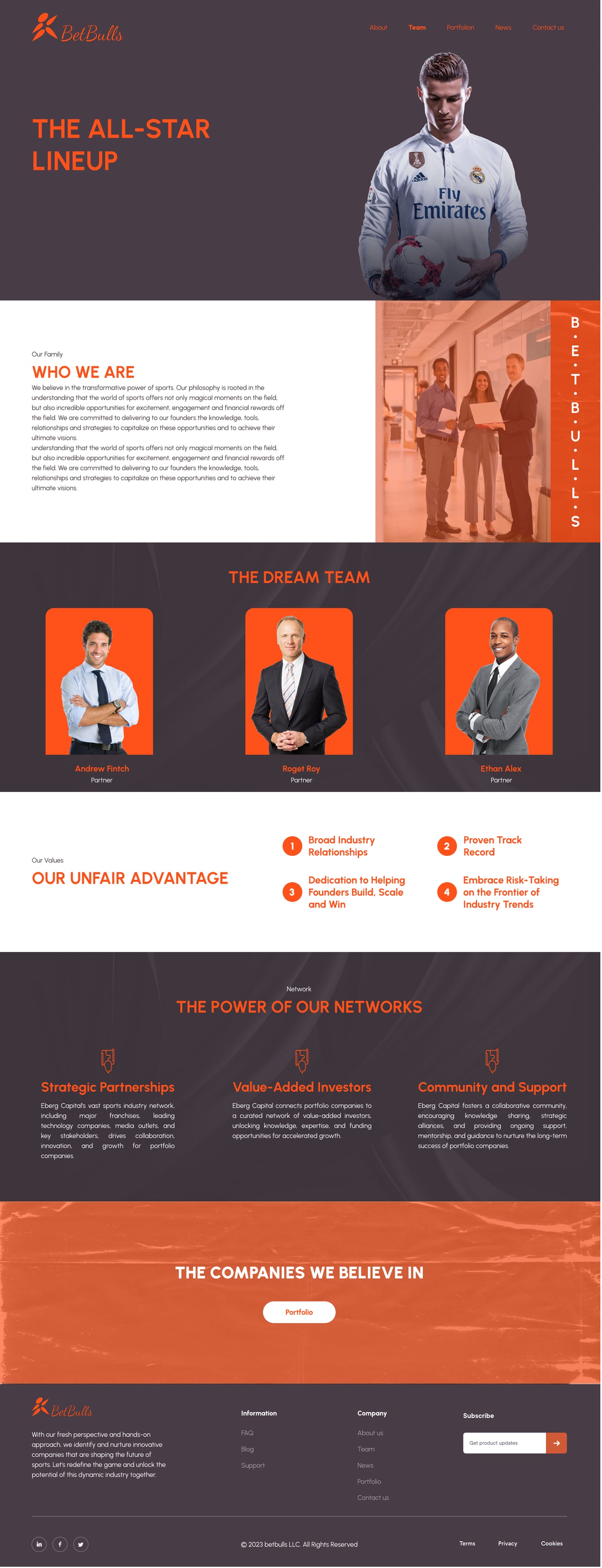Full-length BetBulls Orange investment firm website who we are page design with a football hero, a founders panel, a row of three portrait cards, four advantages and three network pillars.