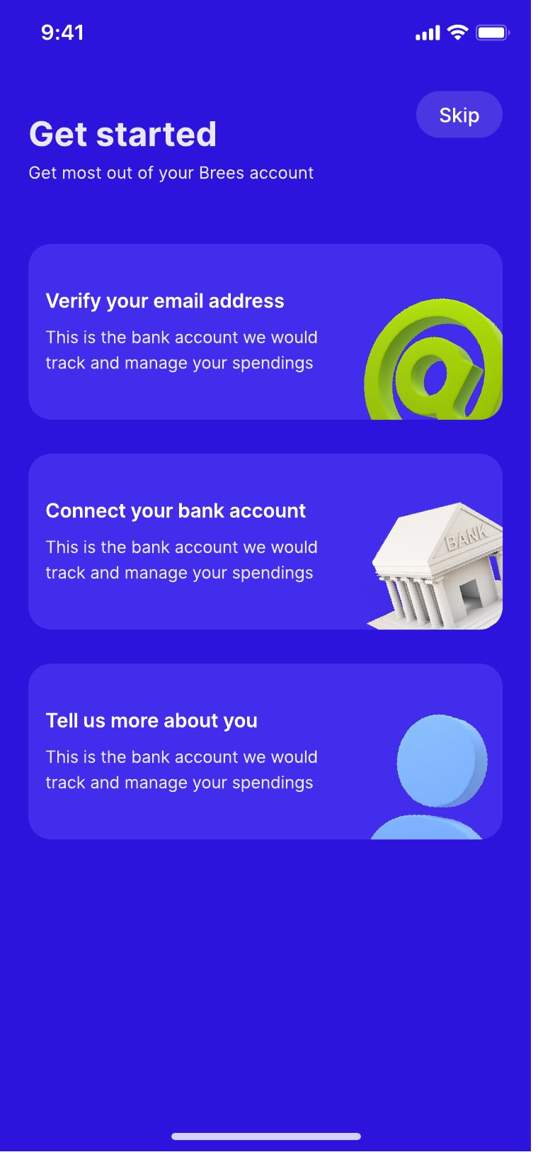 Brees personal finance app account set up screen 1 of 2.