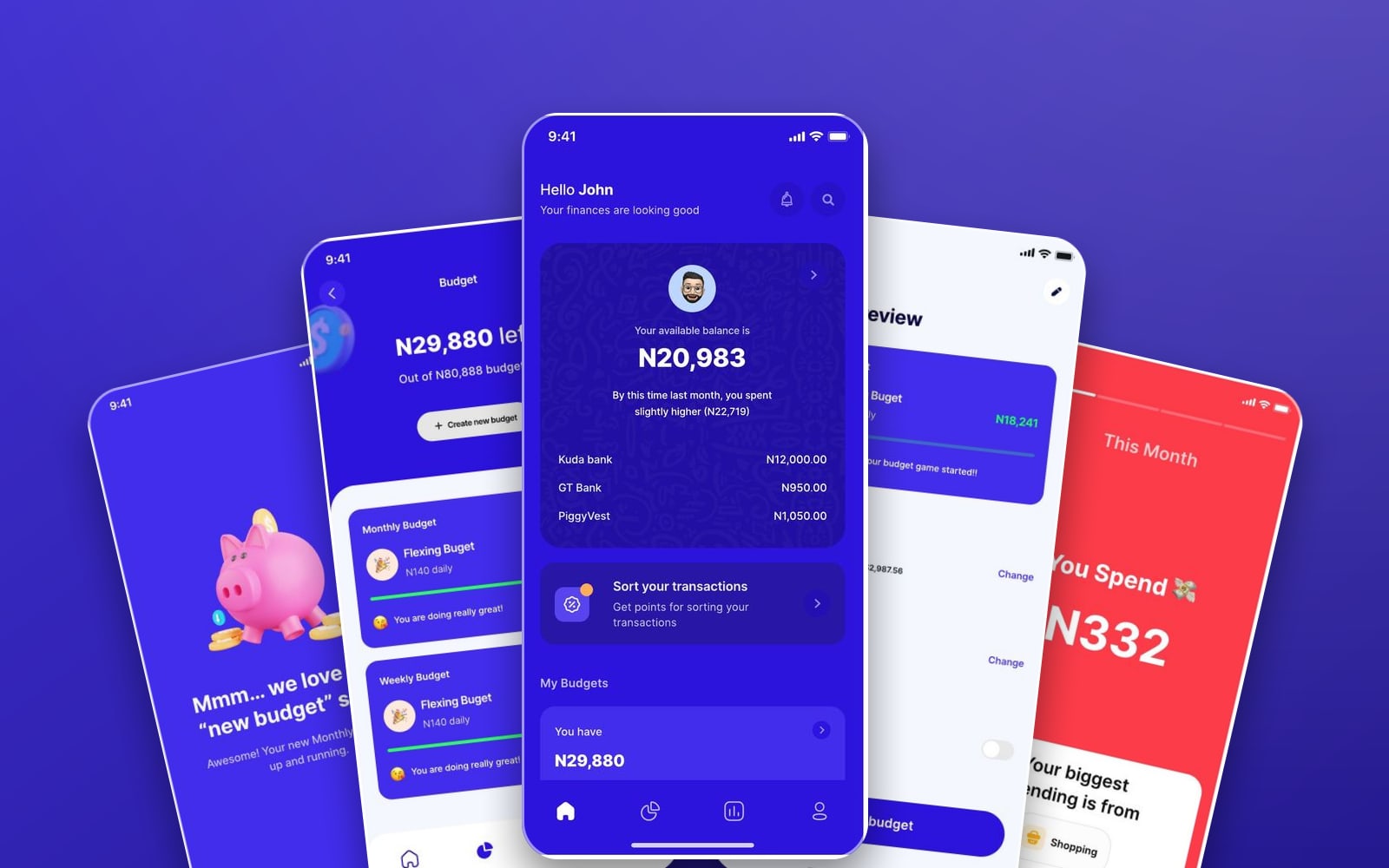 Brees personal finance app showcase: a fan of five phone screens, with the home dashboard in front, on a deep blue gradient.