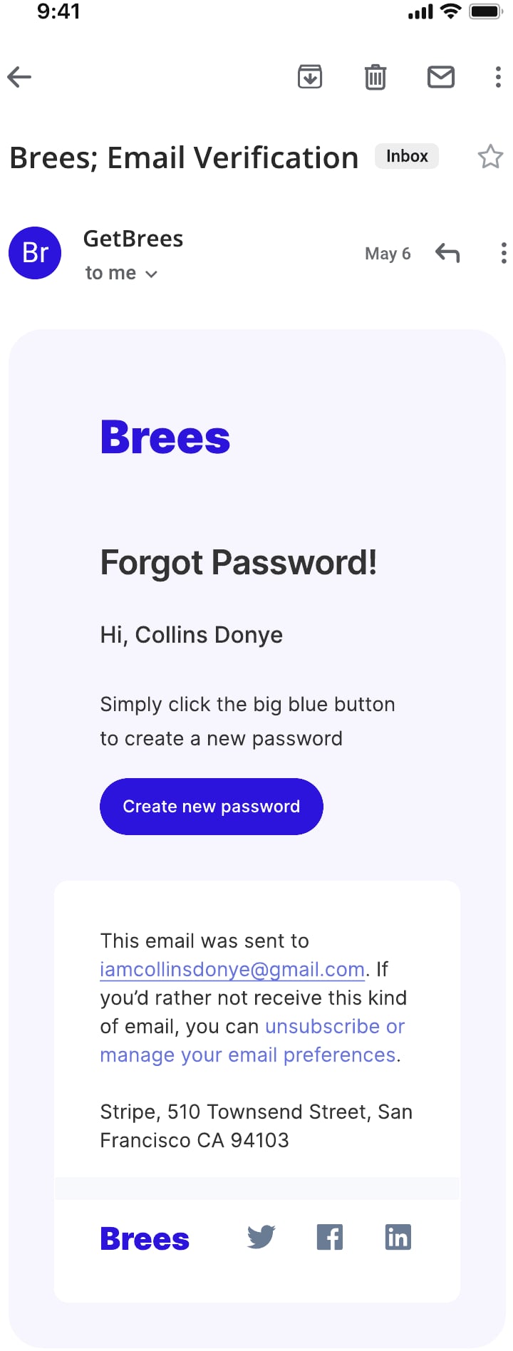 Brees personal finance app forgot password screen 4 of 6.