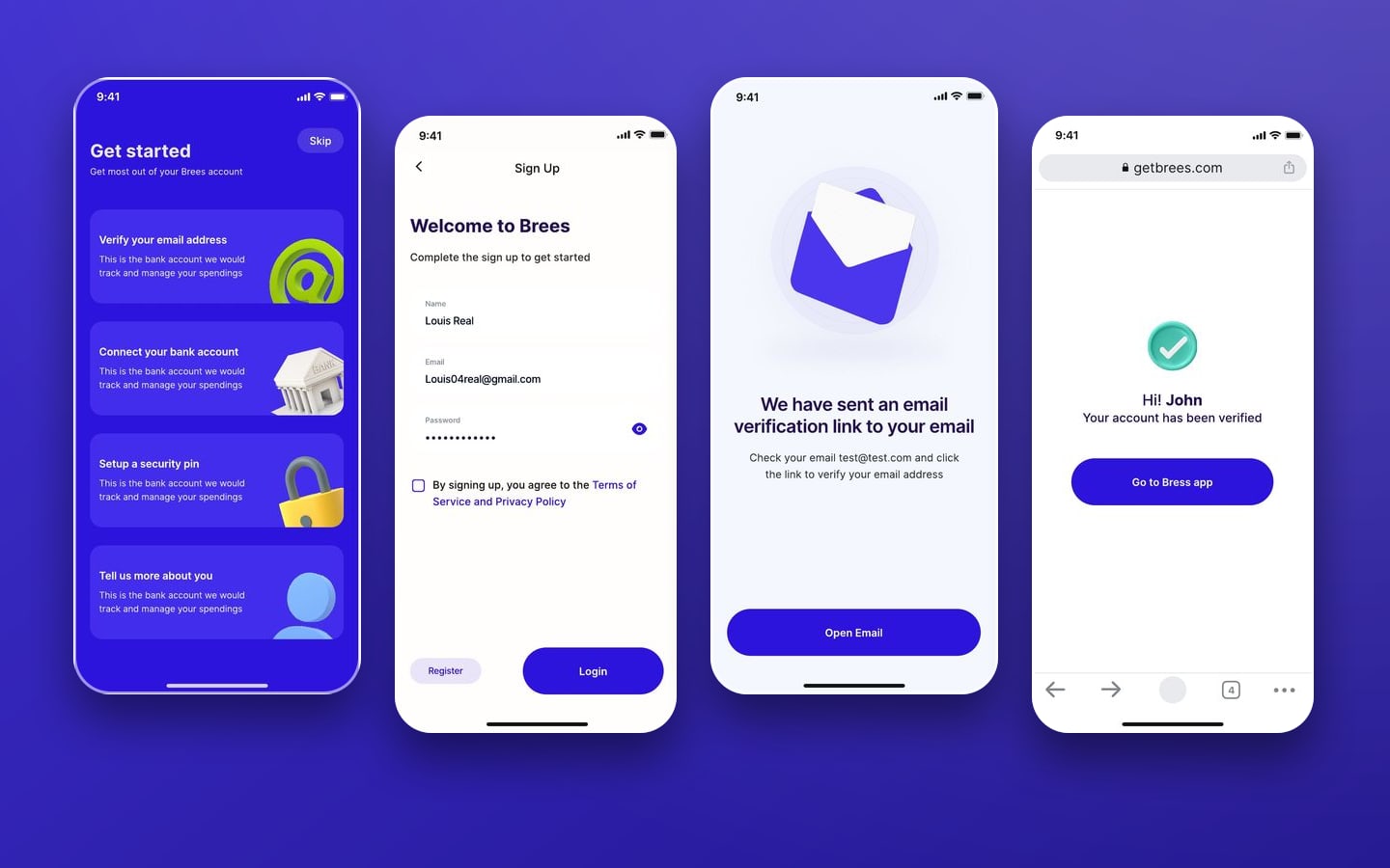 Brees personal finance app onboarding screens: get started checklist, sign up form, email verification prompt and verified confirmation.