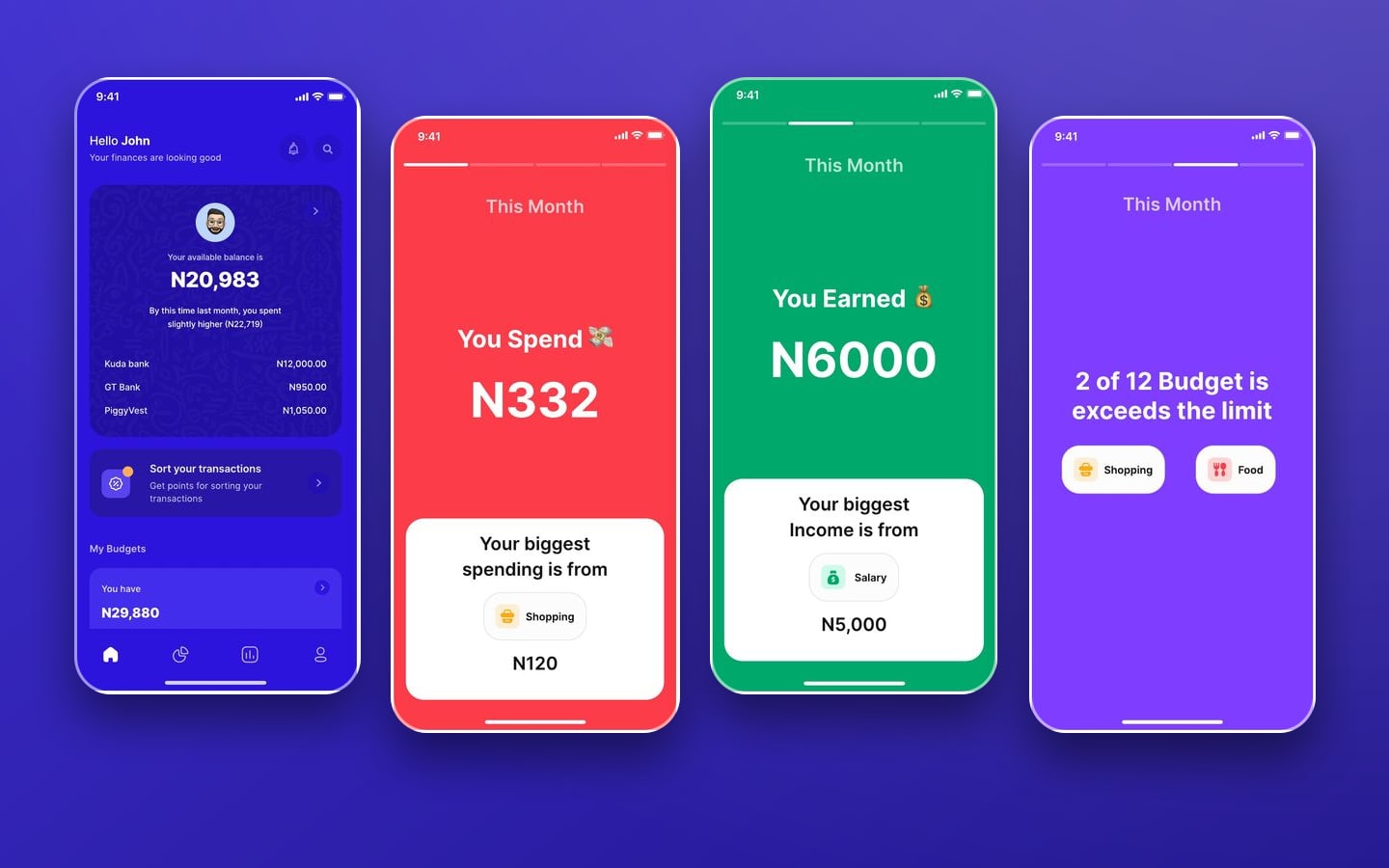 Brees app home dashboard beside three full colour insight cards in red, green and purple.