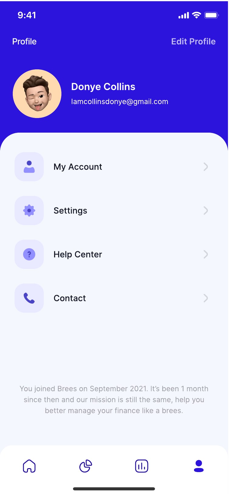 Brees personal finance app profile and settings screen 1 of 7.
