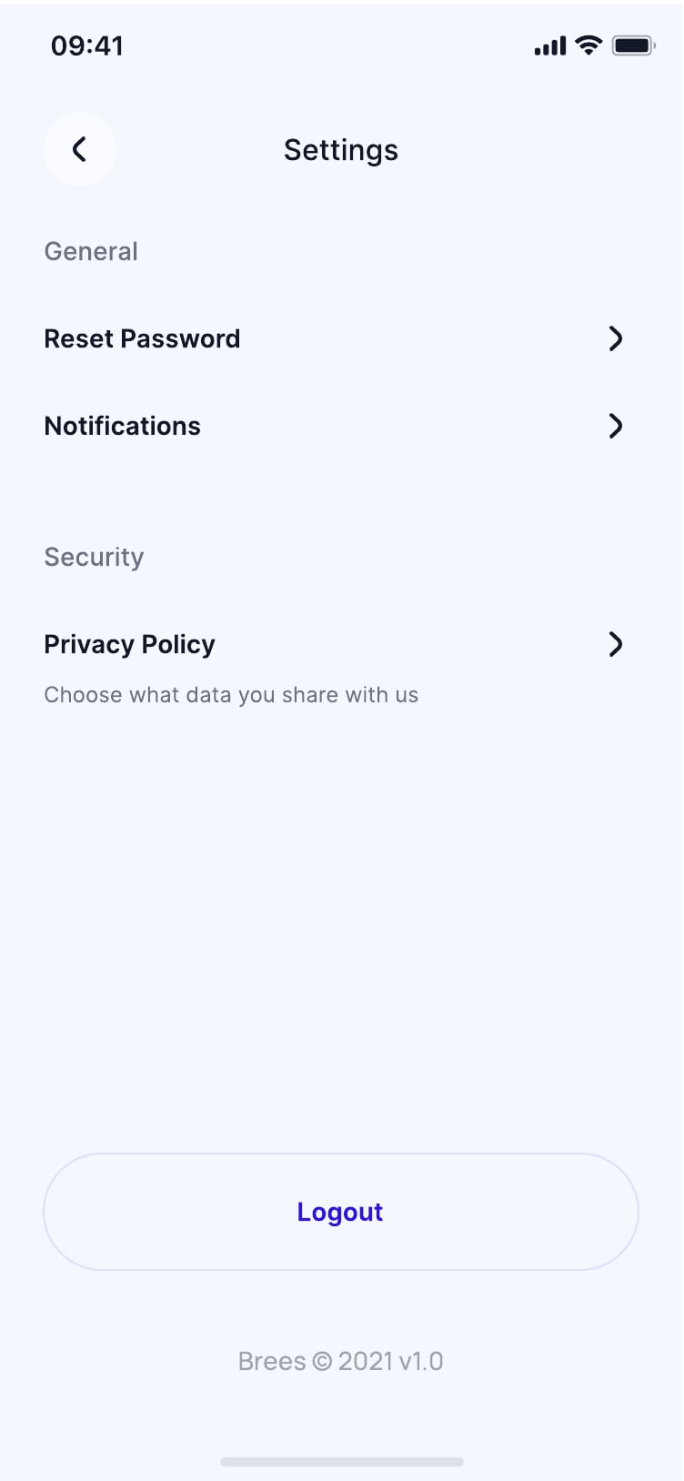 Brees personal finance app profile and settings screen 3 of 7.