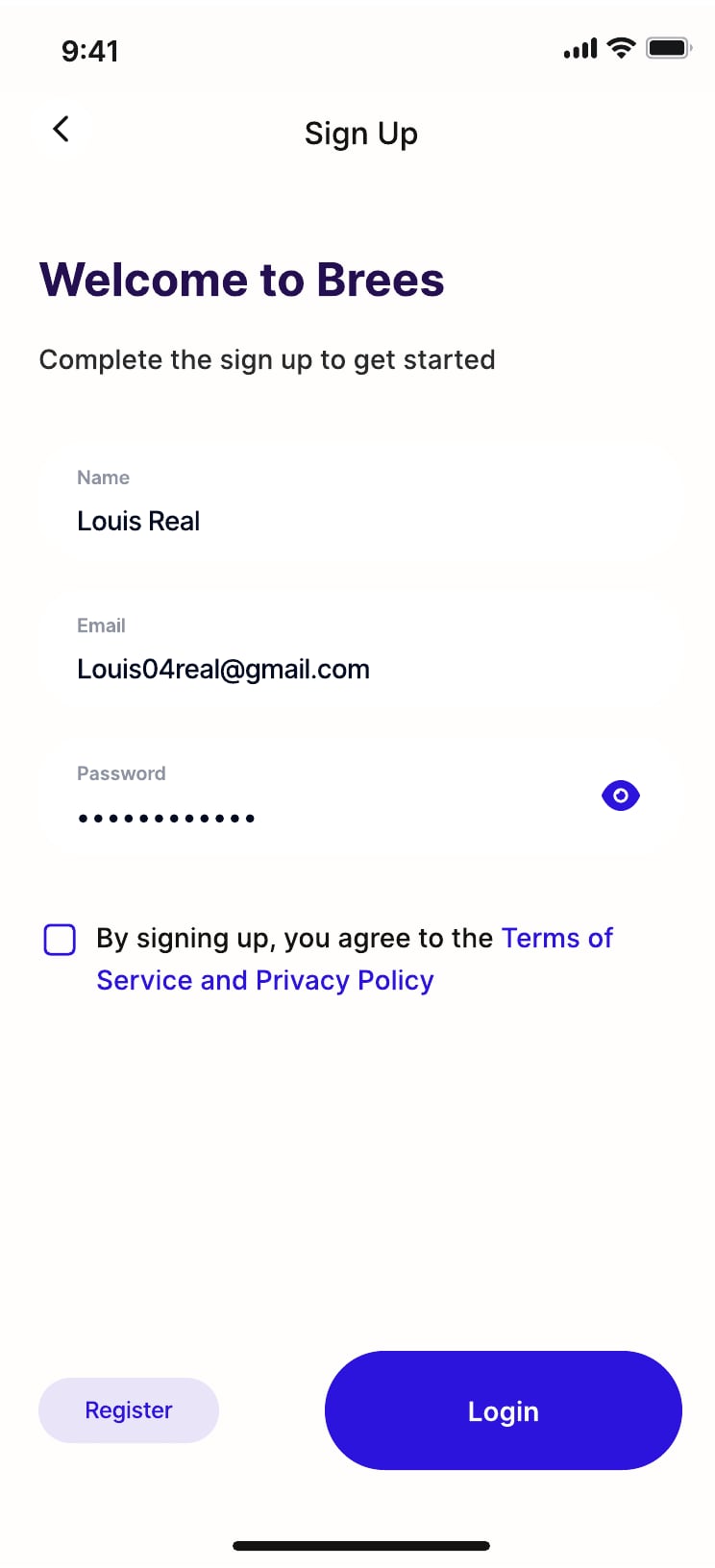 Brees personal finance app sign up and verification screen 1 of 7.