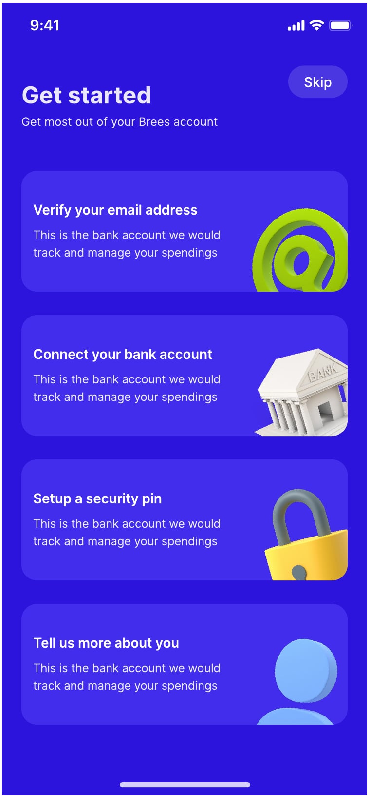 Brees personal finance app sign up and verification screen 3 of 7.