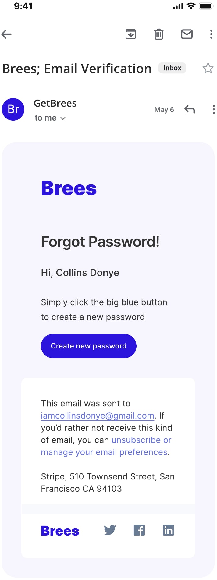 Brees personal finance app sign up and verification screen 6 of 7.