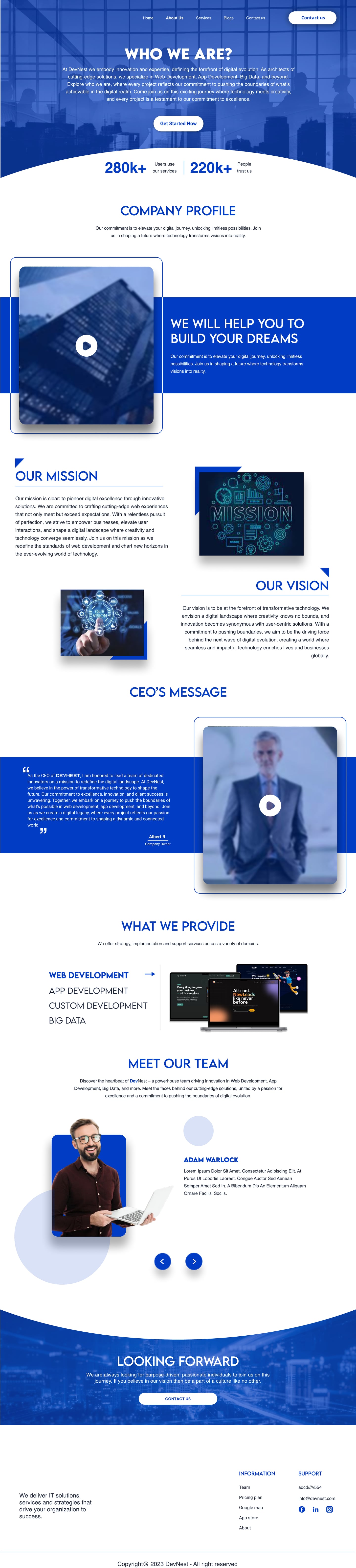 Full-length Devnest Cobalt SaaS website about page design with a company profile video, mission and vision, CEO message, service tabs and a team section.