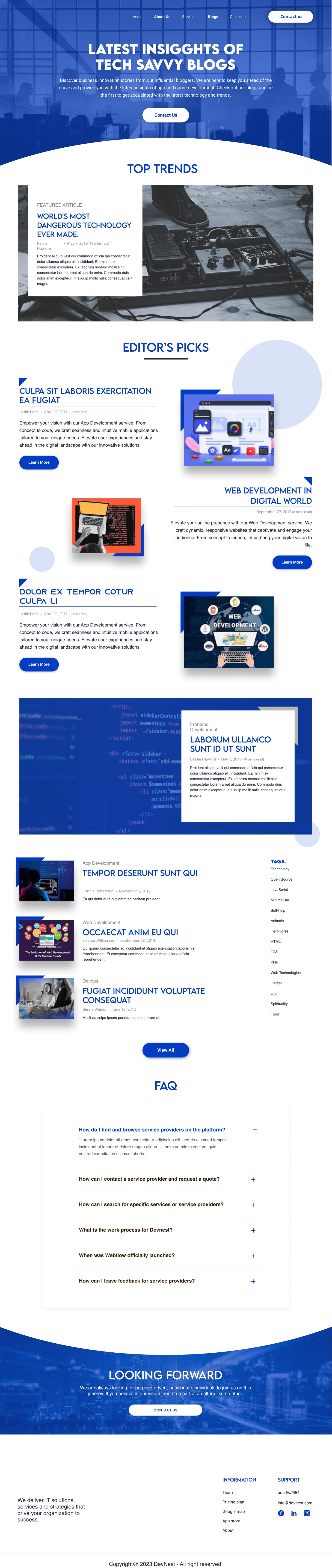 Full-length Devnest Cobalt SaaS website blog page design with a top trends article, editor picks with blue corner tabs, tags and a FAQ accordion.