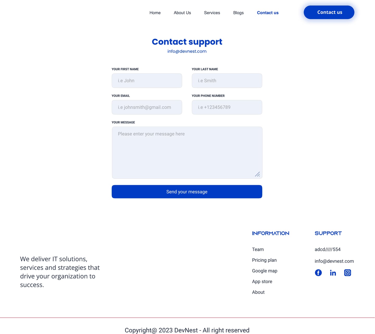 Full-length Devnest Cobalt SaaS website contact page design with a short contact form on a clean page.