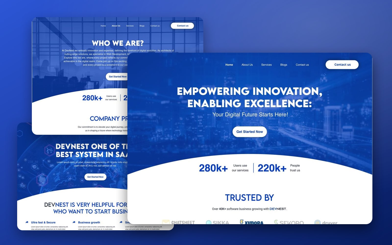 Devnest Cobalt IT company website showcase: the home page large in front of the about and services pages on a blue gradient.