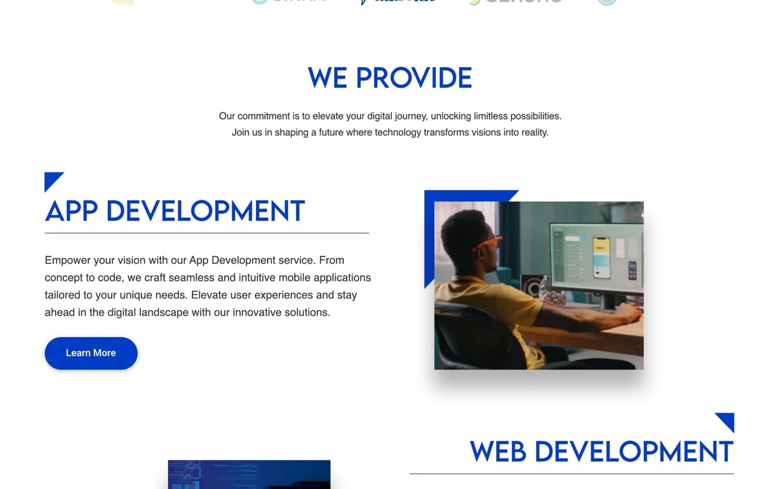 Devnest Cobalt IT company website home page services section with an app development row beside a photo with a blue corner tab.