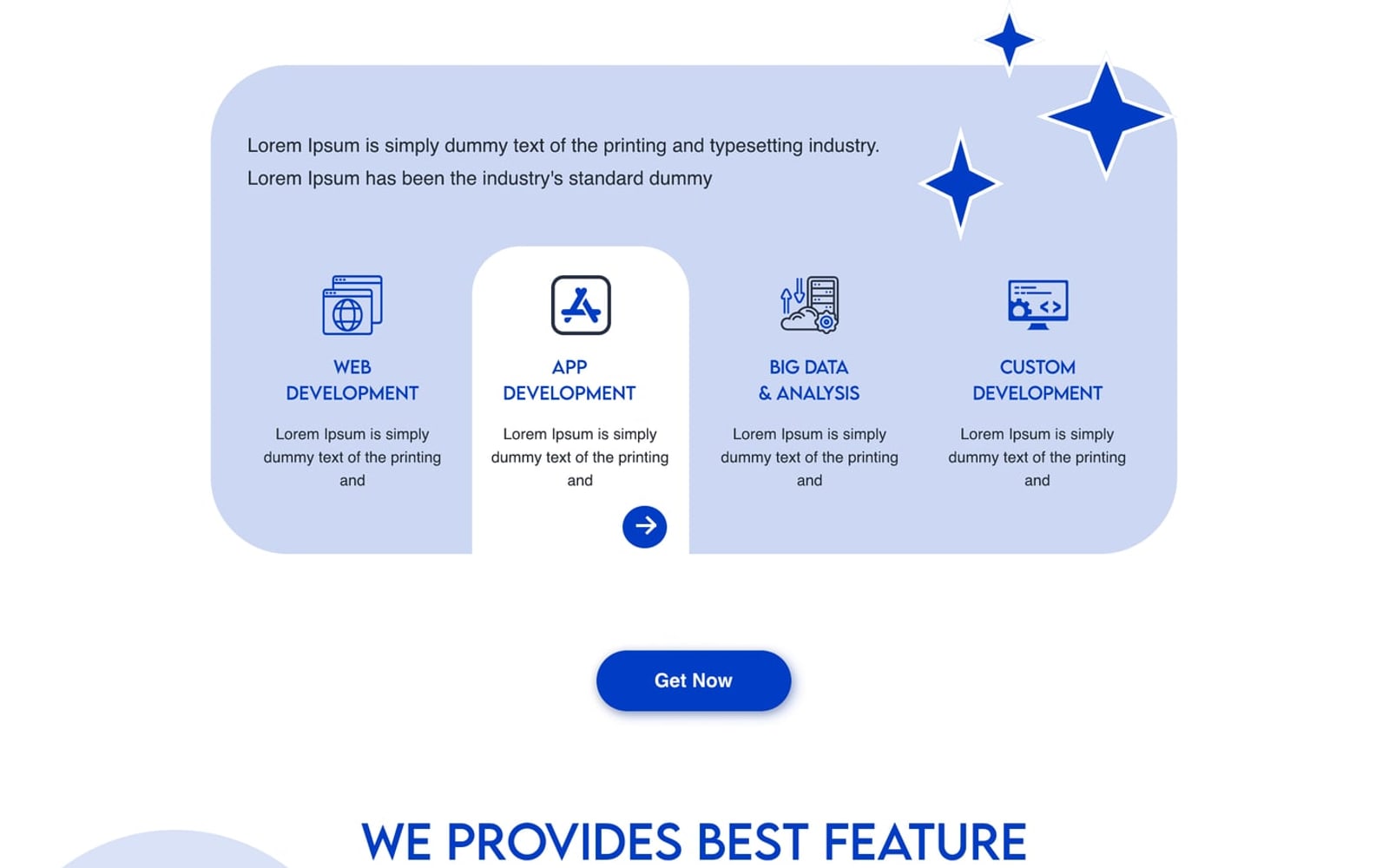 Devnest Cobalt IT company website services page with a pale blue rounded panel of four service tabs and sparkle accents.