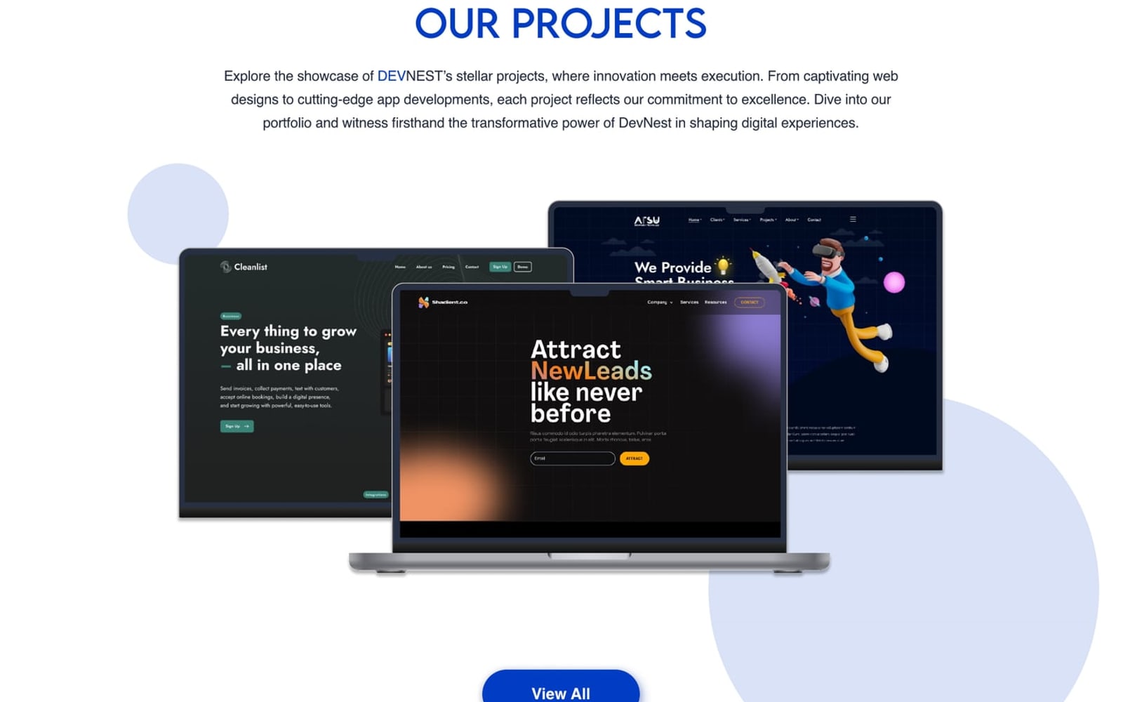 Devnest Cobalt IT company website projects section showing two dark laptop mock-ups over a large pale blue circle.