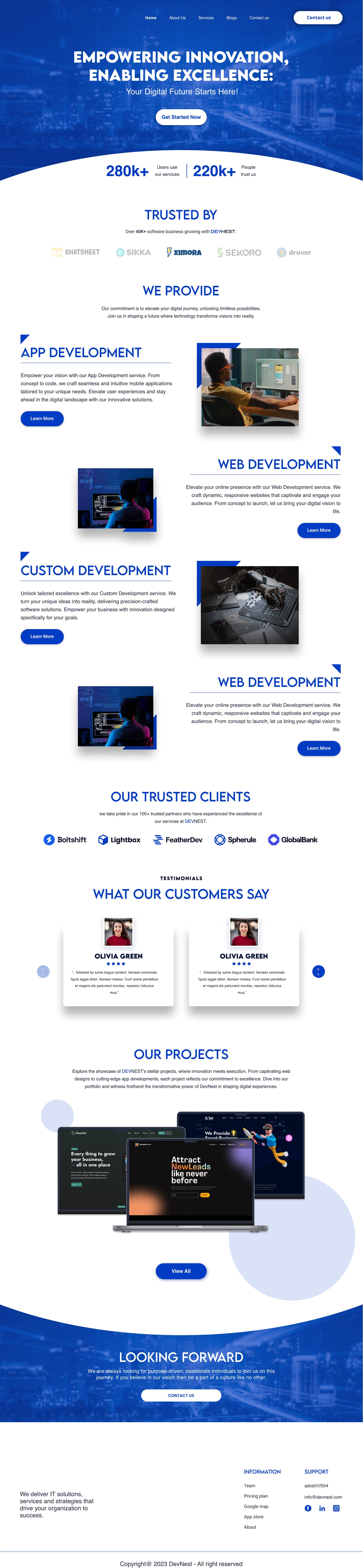 Full-length Devnest Cobalt SaaS website home page design with a deep blue city hero, a white curve, a stats band, framed service rows and a testimonial slider.