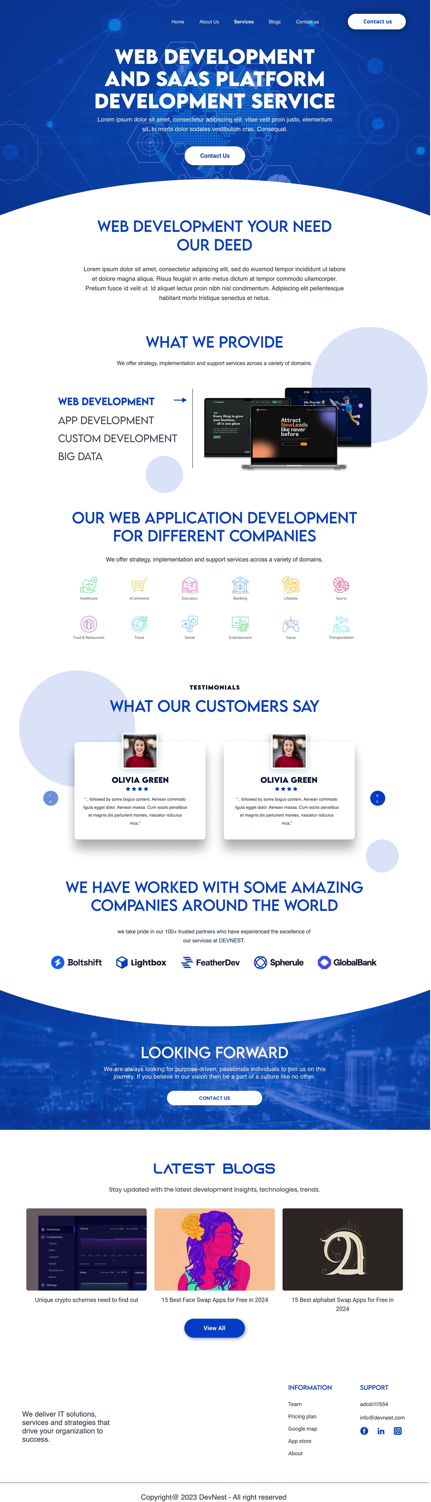 Full-length Devnest Cobalt SaaS website web development page design with a blue hero, service tabs and industry icons.